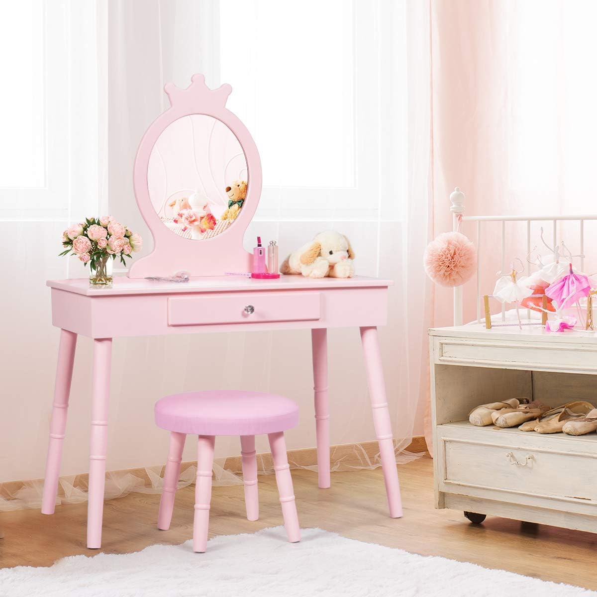 Costzon Kids Vanity Set, Wooden Princess Makeup Table with Cushioned Stool, Large Drawer, Solid Wooden Legs and Crown Mirror, Pretend Beauty Make Up Dressing Play Set for Girls Best Gift (Pink)