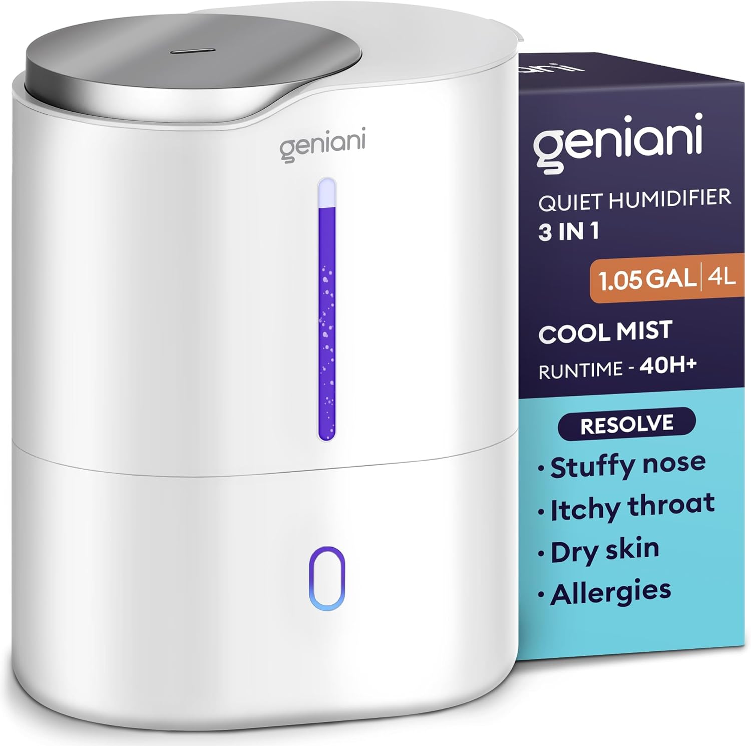 GENIANI Ultrasonic Cool Mist Humidifier for Bedroom, Large Rooms, Home, 4L - Easy Fill & Clean Humidifier for Plants w/Auto Shut-off, 40H Runtime - Quiet, Top Fill Air Humidifier & Vaporizer for Baby