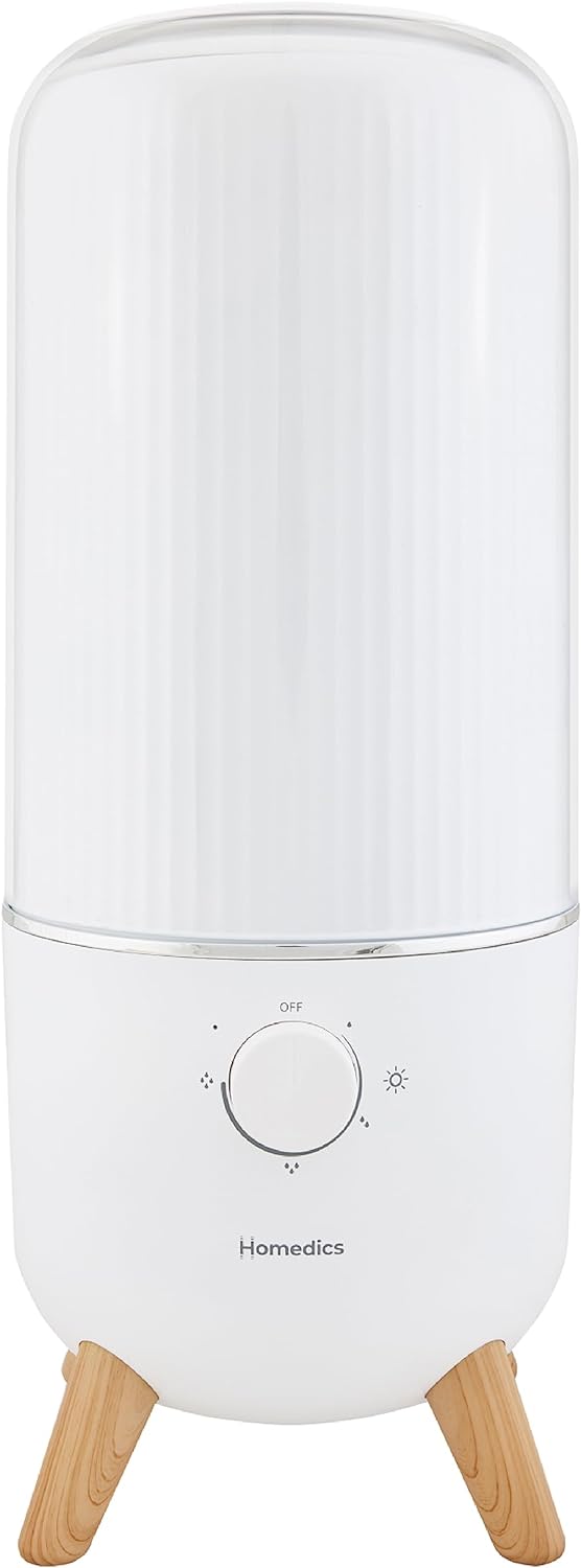 Homedics Ultrasonic Humidifier, Bedrooms and Home Offices, 0.97-Gallon Tank, 45-Hour Runtime, Visible Ultra-Quiet Cool Mist, Aromatherapy, Demineralization Cartridge, Night-Light, Auto-Off, White