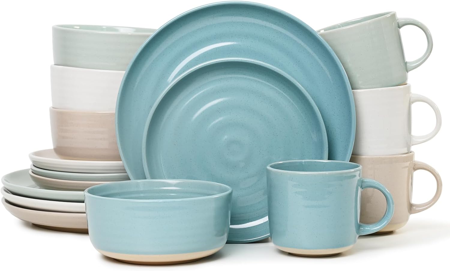 Ollieroo 16 Pieces Stoneware Dinnerware Sets Dishwasher & Microwave Safe, Handpainted Spirals Pattern Ceramic Dish Set Includes Plates, Bowls and Handled Mugs, Kitchen Dinner Set for 4, Multicolor