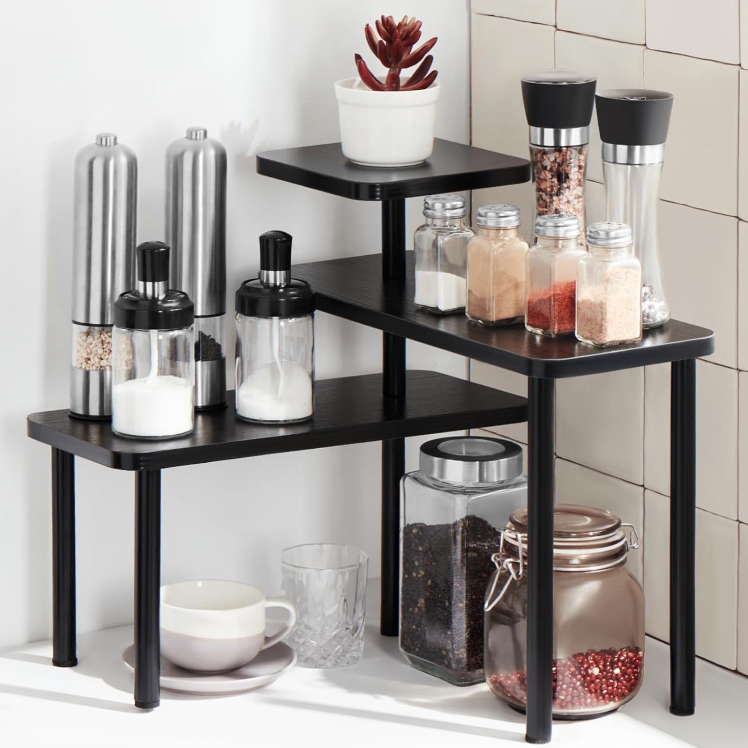 Apicizon Kitchen Bathroom Organizer Countertop Corner Shelf, 3 Tier Corner Shelf Kitchen Organizer, Adjustable Spice Rack Corner Shelf for Kitchen, Bathroom, Make Up, Desktop, Office,Black