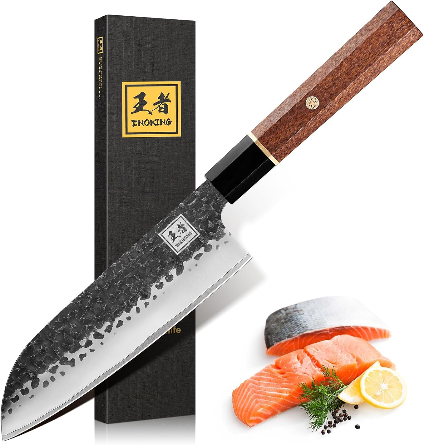 ENOKING Japanese Santoku Knife 7 Inch, High Carbon Steel Hand Forged Japanese Knife, 5 Layers 9CR18MOV Kitchen Chef Knife, Chopping Knife with Octagonal Rosewood Handle (Gift Box)