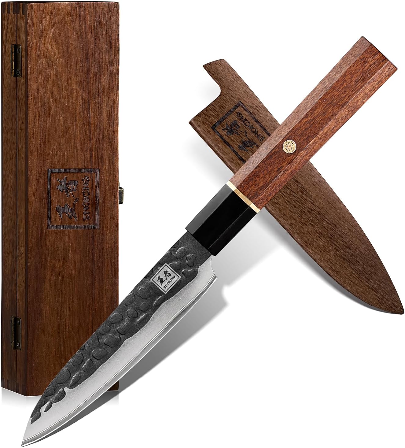 ENOKING Japanese Paring Knife, 4.5 Inch Utility Knife 5 Layer 9CR18MOV Clad Steel for Fruits Vegetables, Super Sharp Utility Knife with Ebony Bolster African Rosewood Handle - Gift Wooden Box