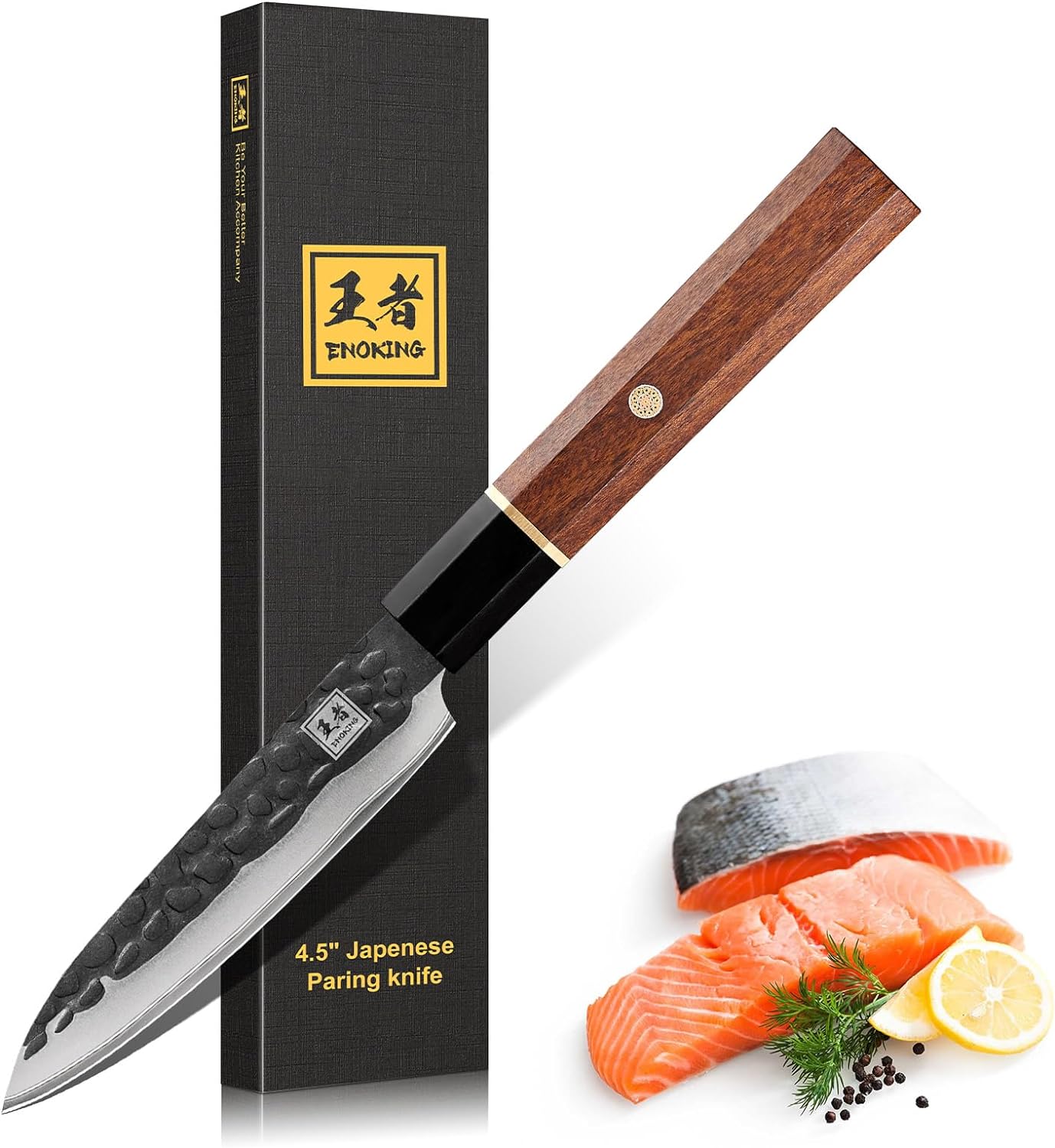 ENOKING Japanese Paring Knife 4.5 Inch, High Carbon Steel Hand Forged Japanese Knife, 5 Layers 9CR18MOV Kitchen Chef Knife, Fruit Knife with Octagonal Rosewood Handle (Gift Box)