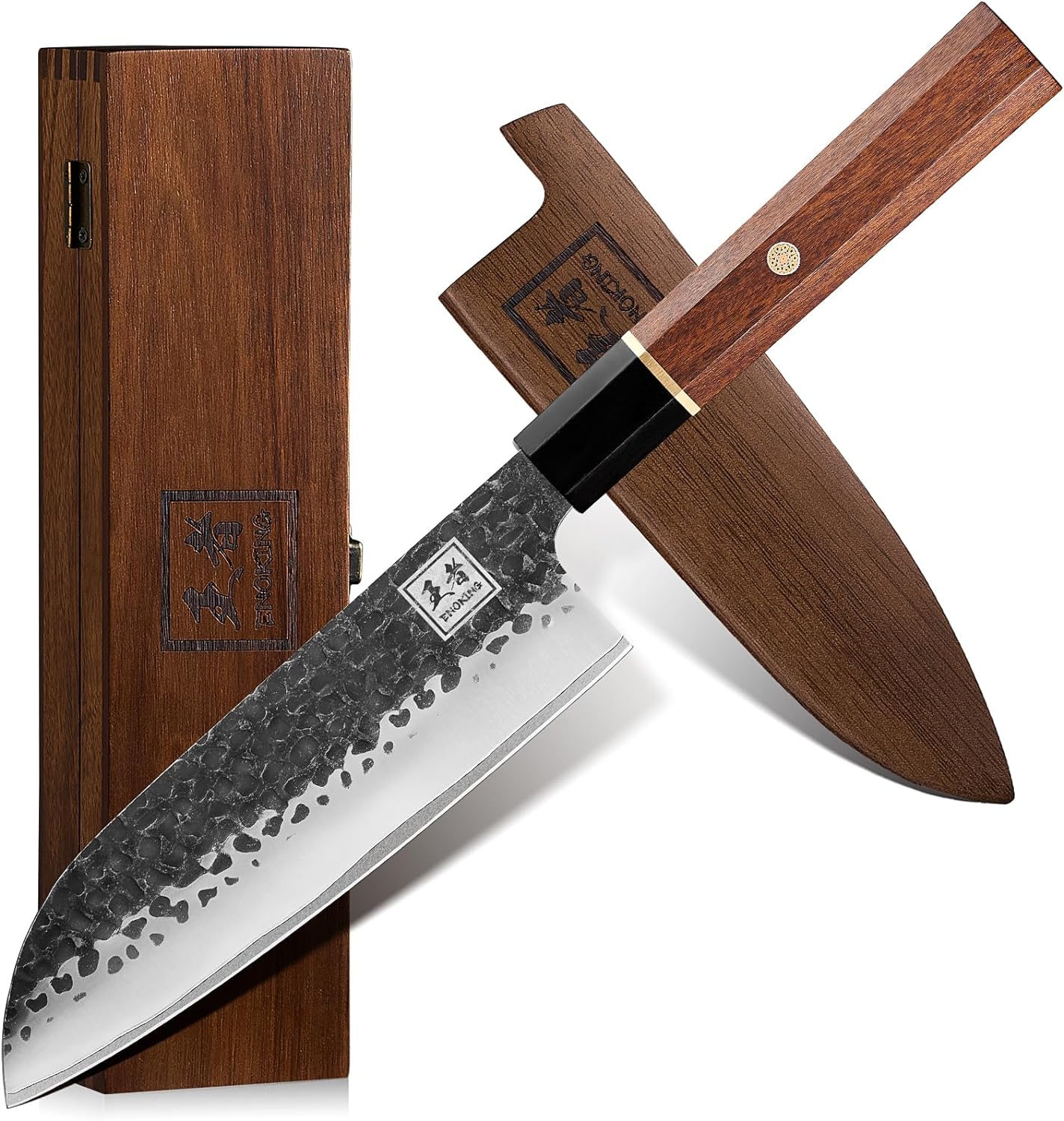 ENOKING Japanese Santoku Knife, 7 Inch Chef Knife 5 Layer 9CR18MOV Clad Steel for Meat Cutting, Super Sharp Kitchen Cooking Knife with Ebony Bolster African Rosewood Handle - Gift Wooden Box