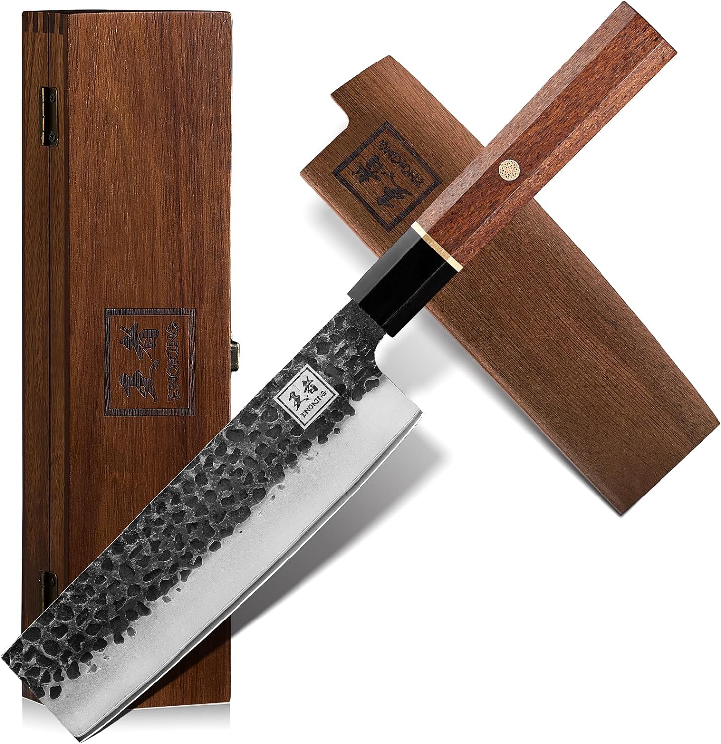 ENOKING Japanese Nakiri Knife, 7 Inch Vegetable Knife 5 Layer 9CR18MOV Clad Steel Cooking Knife for Kitchen, Super Sharp Kitchen Knife with Ebony Bolster African Rosewood Handle with Gift Wooden Box