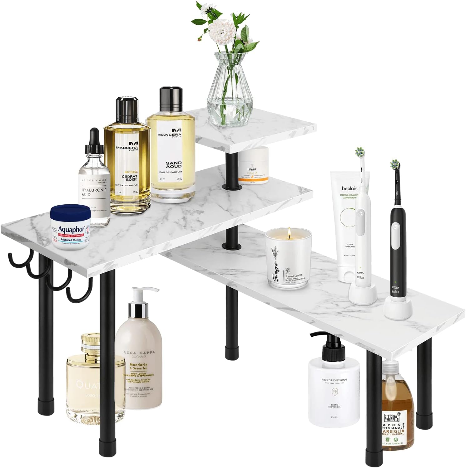 Homode Bathroom Counter Organizer Corner Shelf, Kitchen Countertop Organizer, 3 Tier Kitchen Organization Counter Shelf Organizer for Over The Sink, Make Up, Dresser Table, White Marble