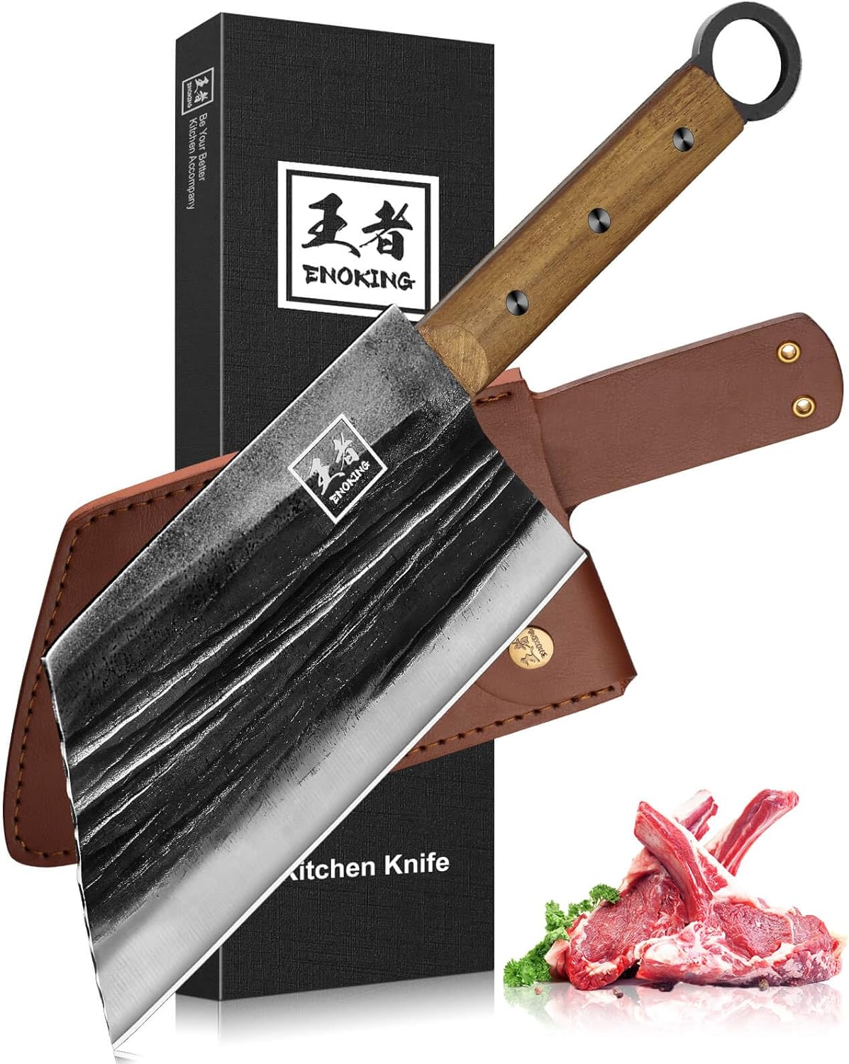 ENOKING Meat Cleaver, 7.8 Inch Butcher Knife Hand Forged Cleaver Knife for Meat Cutting with Leather Sheath, Full Tang Chinese Chef Knife with Gift Box, Heavy Duty Bone Chopper for Kitchen & Outdoor