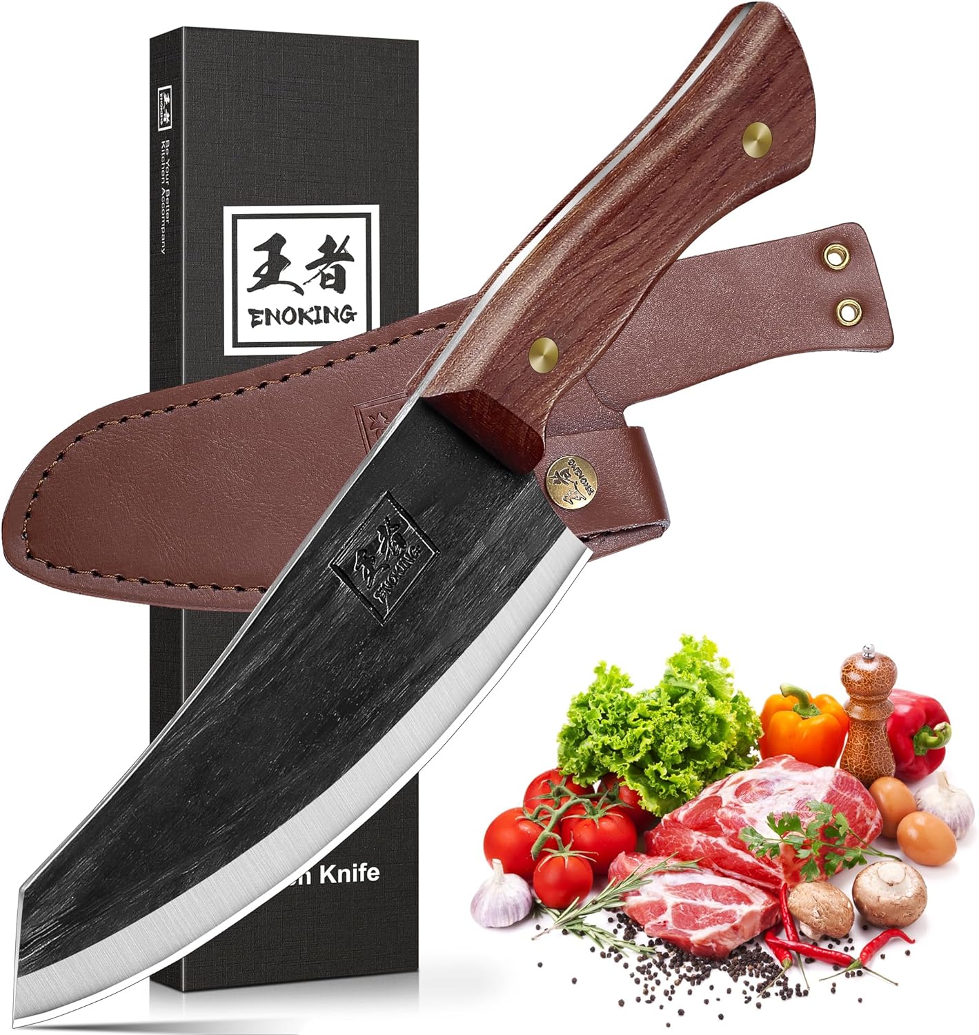 ENOKING Nakiri Knife, 6.6 Inch Meat Cleaver Vegetable Kitchen Knife Hand Forged Japanese Chef Knife High Carbon Steel Chopping Knife with Leather Sheath Multipurpose Asian Knife for Home & Outdoor