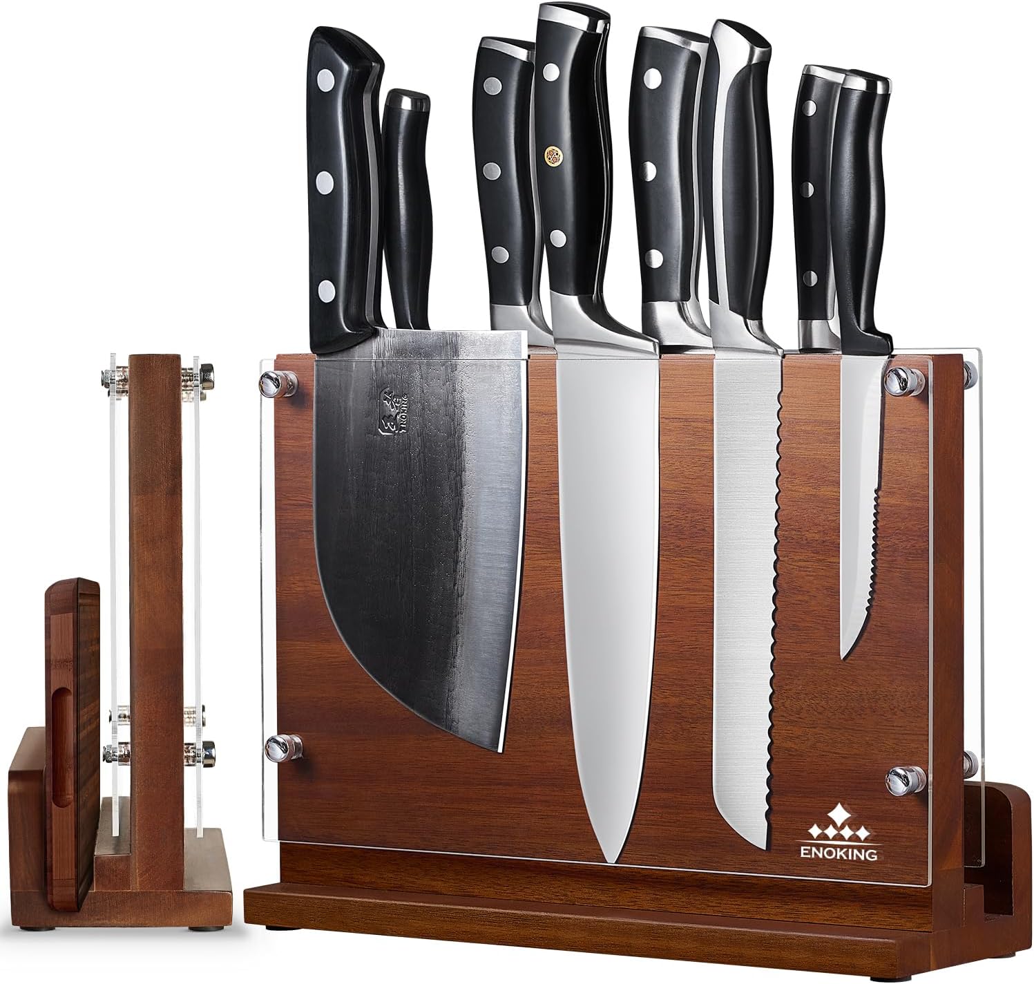 ENOKING Magnetic Knife Block with Acrylic Shield 12 x 9 Inches, Double Side Kitchen Knife Holder without Knives- Acacia Wood Universal Knife Storage Organizer with Powerful Magnet for Kitchen Counter