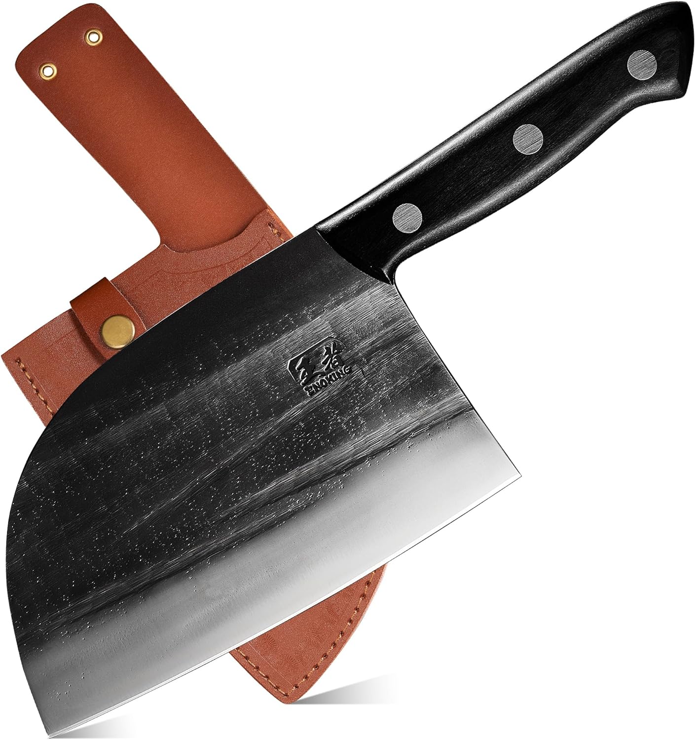 ENOKING Serbian Chef Knife 6.7 Inch, Handmade Professional Meat Cleaver Knife with Leather Sheath, High-Carbon Clad Steel Butcher Knife with Full Tang Handle for Kitchen, Camping, BBQ