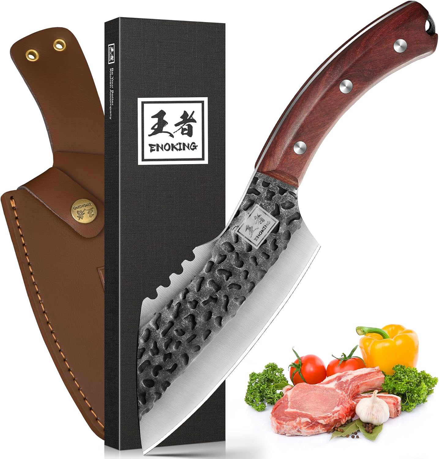 ENOKING Chef' Knife, 6.1 Viking Knife with Sheath Meat Cleaver Knife for Fish Meat Cutting, Full Tang Butcher Knife Janpanese Cooking Knives for Kitchen Camping Outdoor