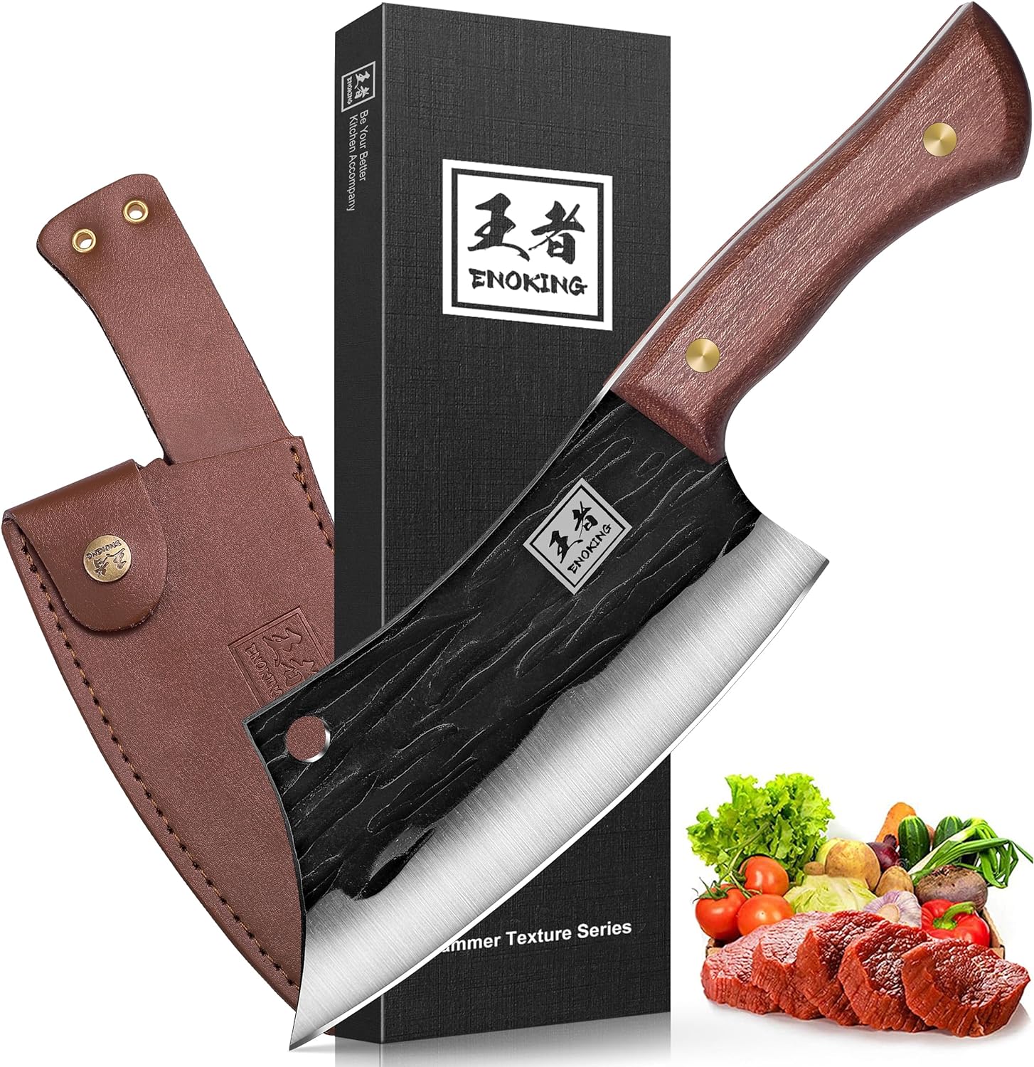 ENOKING Meat Cleaver Hand Forged Chef Knife High Carbon Steel Kitchen Butcher Knife with Full Tang Handle Leather Sheath Chopping Knife for Kitchen, Camping, BBQ (6.3 In)