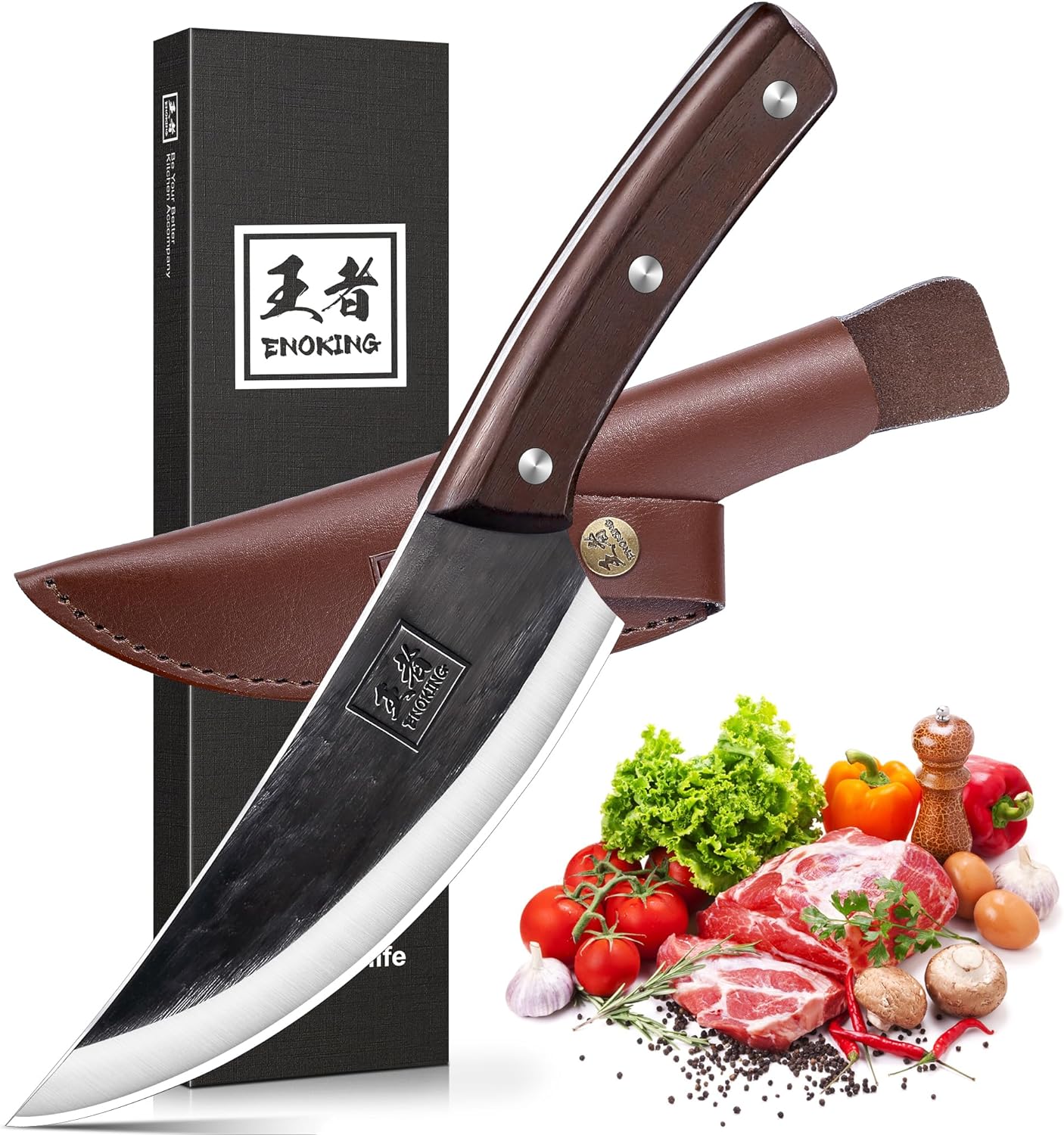 ENOKING Boning Knife, 5.9 Inch Japanese Chef Knife Butcher Knife for Meat Cutting Viking Knife with Sheath Hand Forged Full Tang Meat Cleaver High Carbon Steel Fillet Knife for Home Kitchen & Outdoor