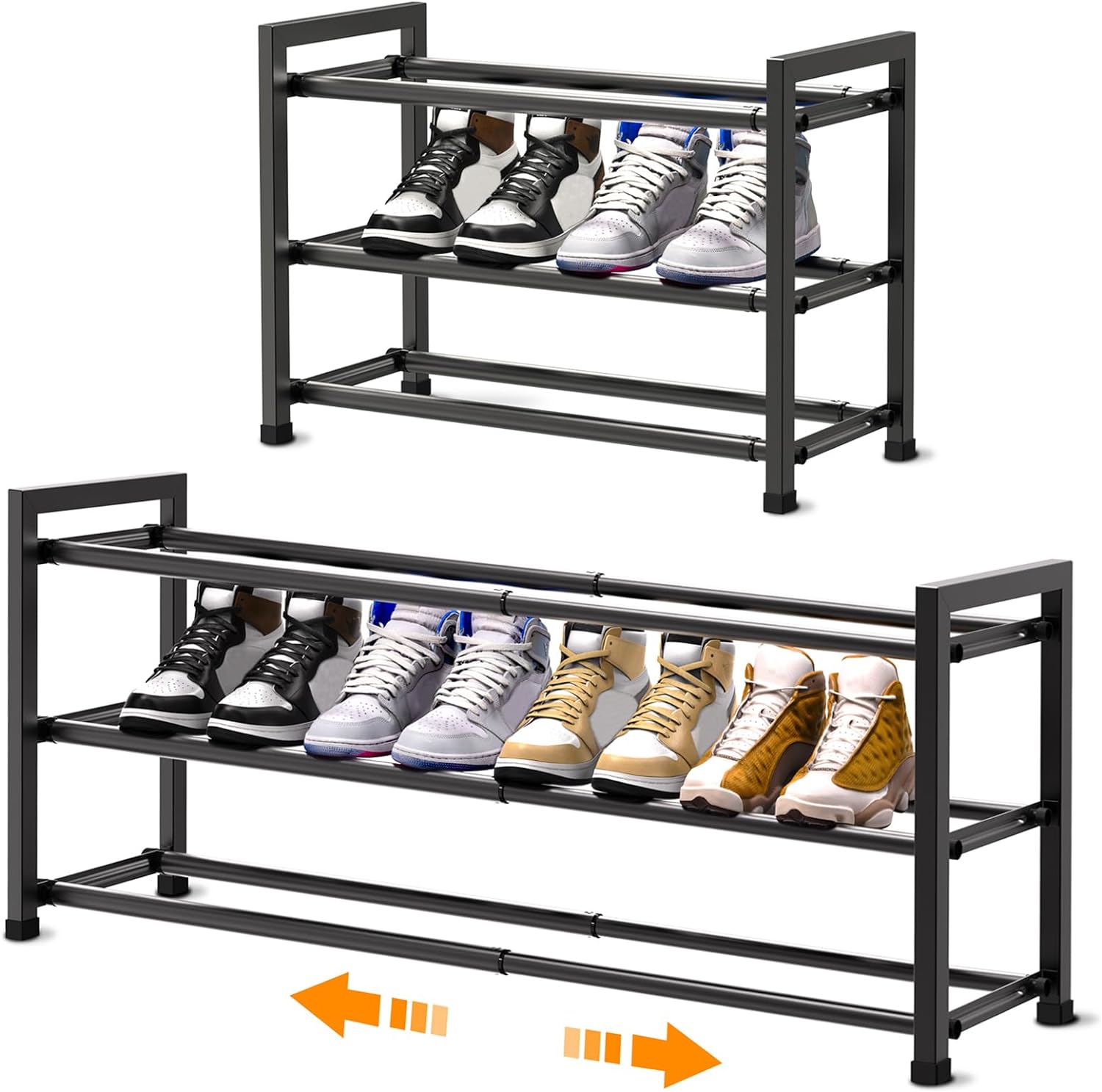 Expandable Shoe Rack for Closet, Adjustable Small Shoe Rack for Entryway, Shoe Rack for Closet Small Space, Extendable Shoe Organizer for Front Door,Sturdy Metal Shoe Rack, Black 3-tier