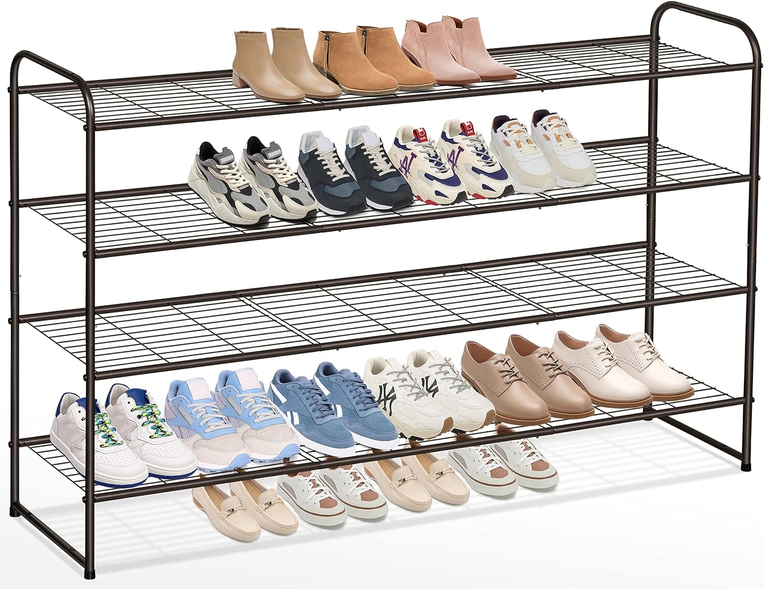 AOODA 4 Tier Long Shoe Organizer for Closet, Wide Stackable Metal Shoe Rack for Entryway, Bedroom, Floor, Shoe Shelf Storage Organizer Holds 30 Pairs of Men Sneakers (Bronze)