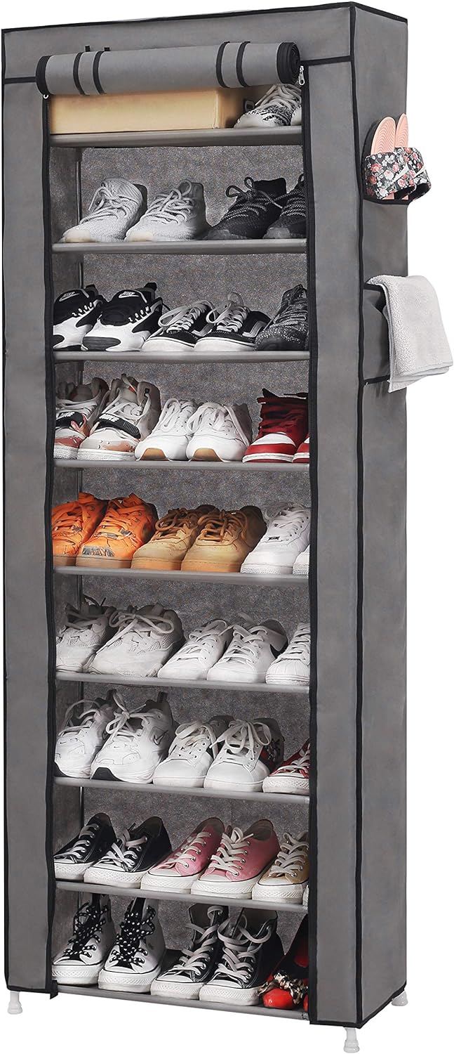 PENGKE Large Shoe Rack with Dustproof Cover Closet Shoe Storage Cabinet Organizer, 9 Tiers Tall Shoe Rack Holds 20-22 Pairs Free Standing Shoe Storage,Grey