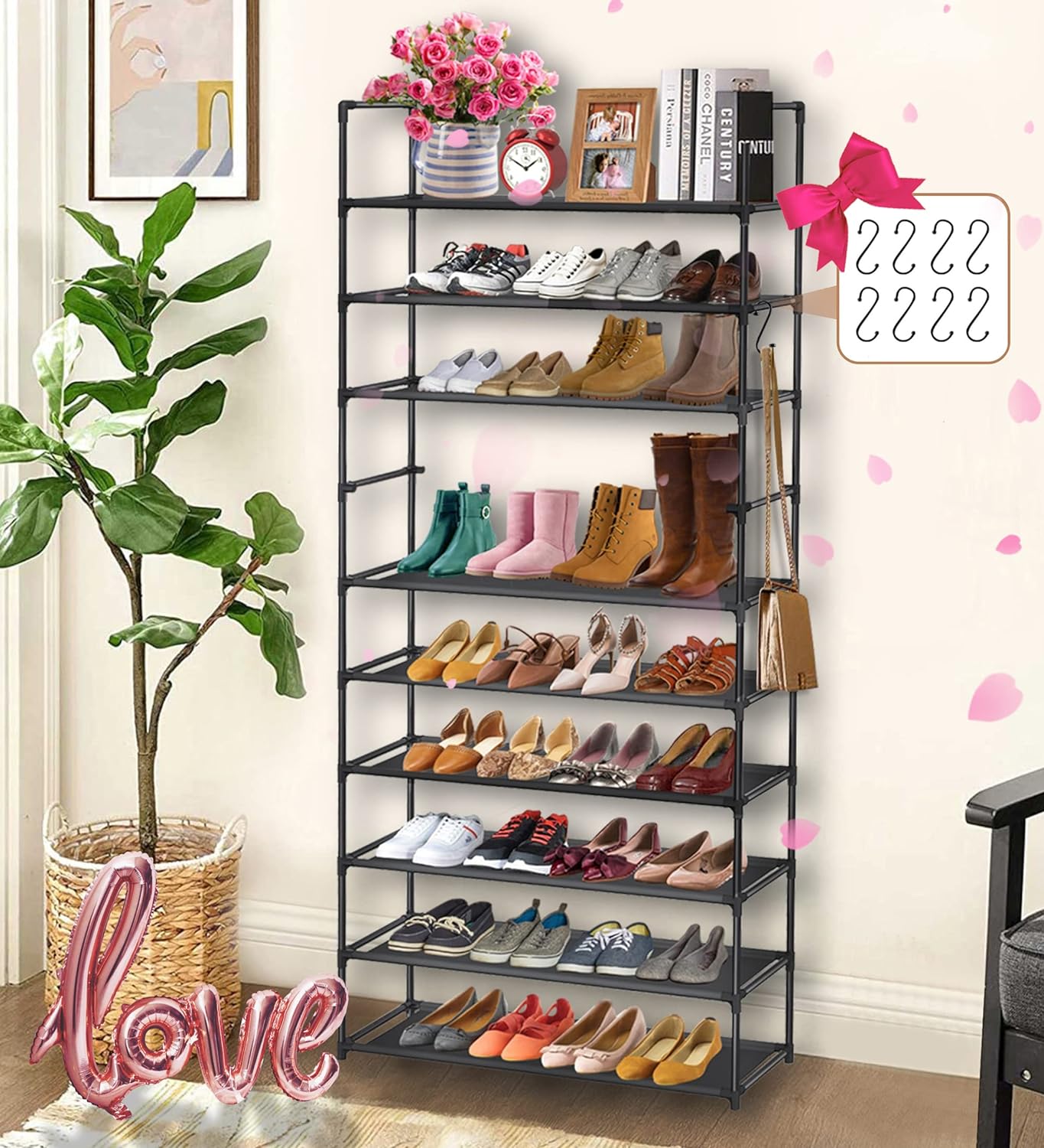 AOSION 10 Tier Shoe Rack,Shoe Rack for Closet,30-50 Pairs Tall Shoe Rack Organizer with Hooks,Large Shoe Rack with Removable,Space Saving Shoe Shelf,Non-Woven Fabric Shoe Tower,Black