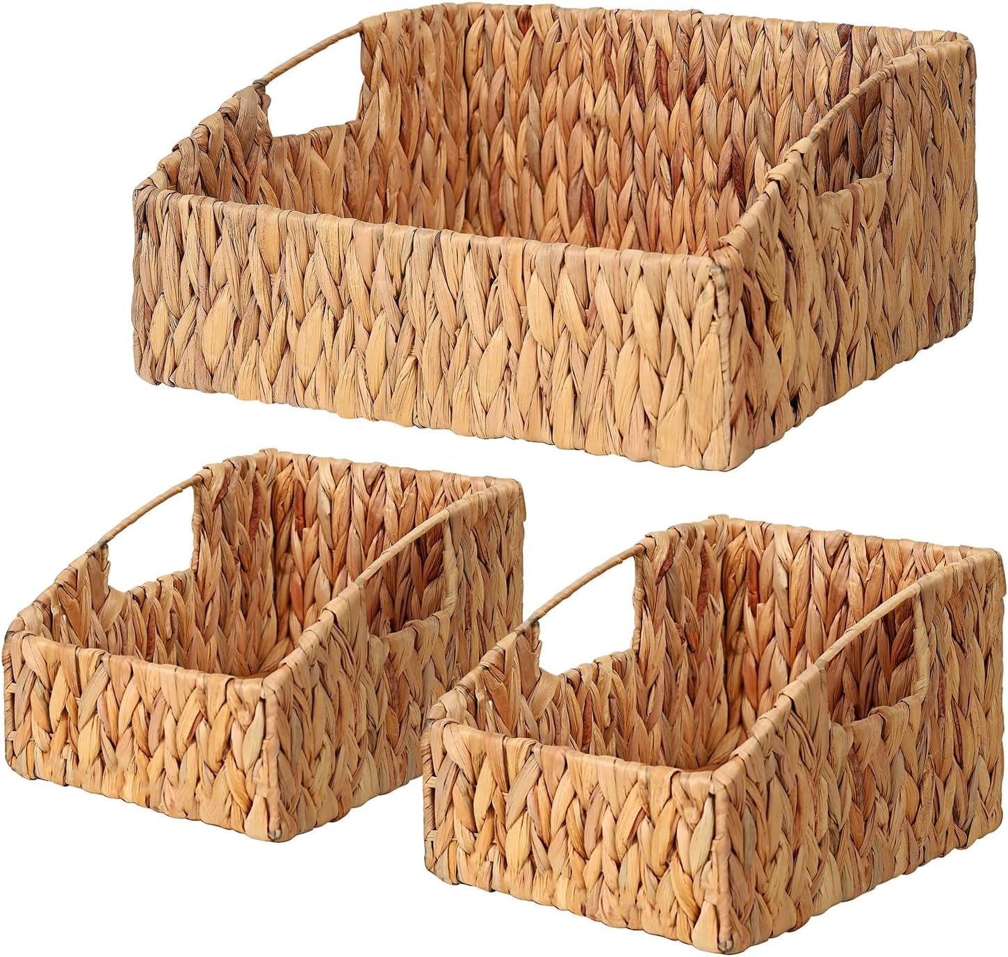 Ollieroo Natural Water Hyacinth Storage Baskets, Handwoven Wicker Storage Bins with Built-in Handles, Storage Container Baskets for Shelves, Bedroom, Bathroom, Laundry Room or Kitchen(Set of 3)