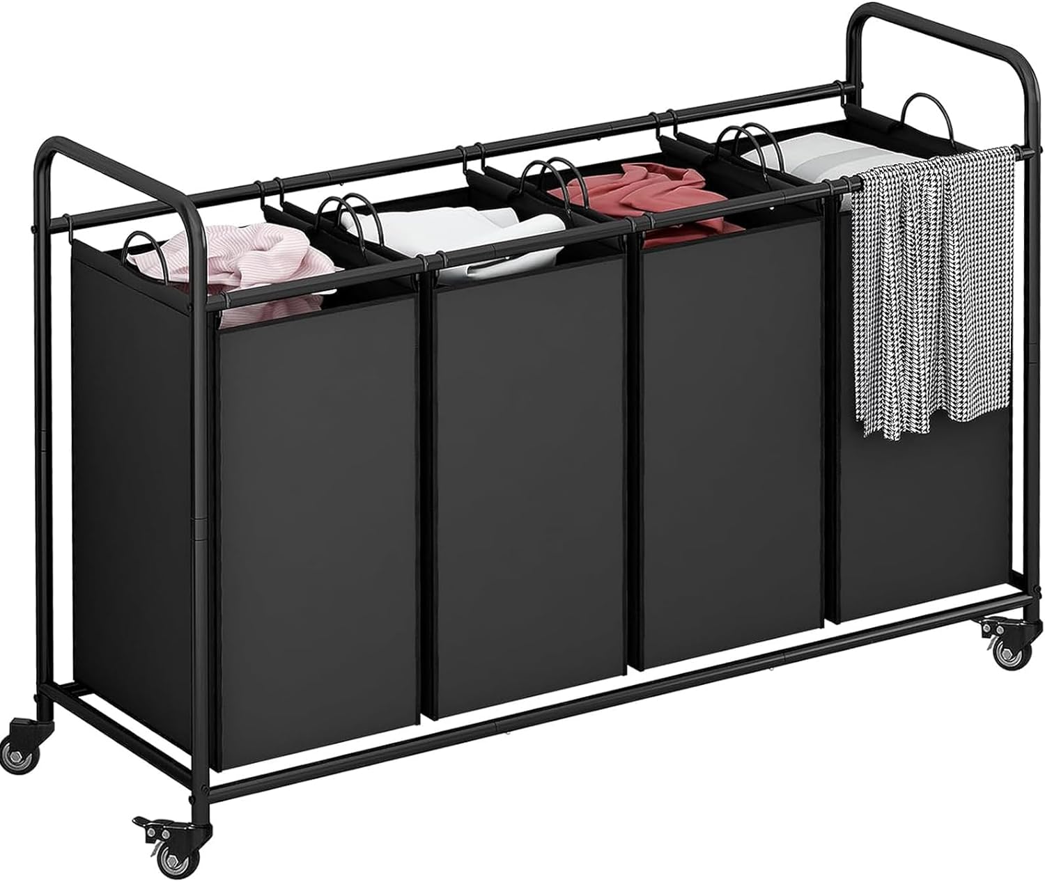 LINZINAR 4 Bag Laundry Basket Sorter Laundry Hamper Cart with Heavy Duty Rolling Lockable Wheels and Removable Bags,Black