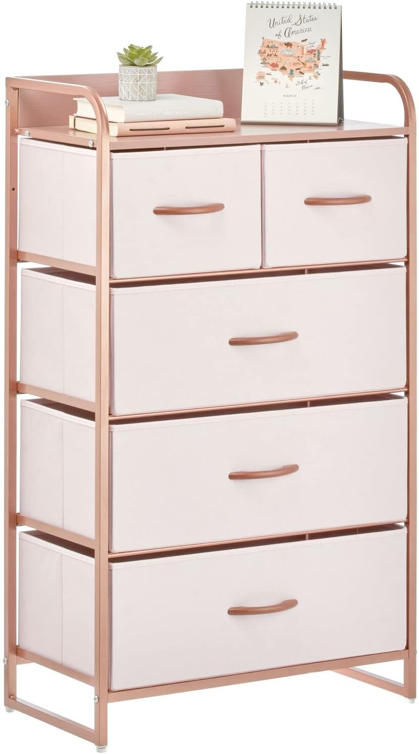 mDesign Tall Dresser Storage Chest - Vanity Furniture Cabinet Tower Unit for Bedroom, Office, and Closet - Textured Print - 5 Removable Drawers - Pink/Rose Gold