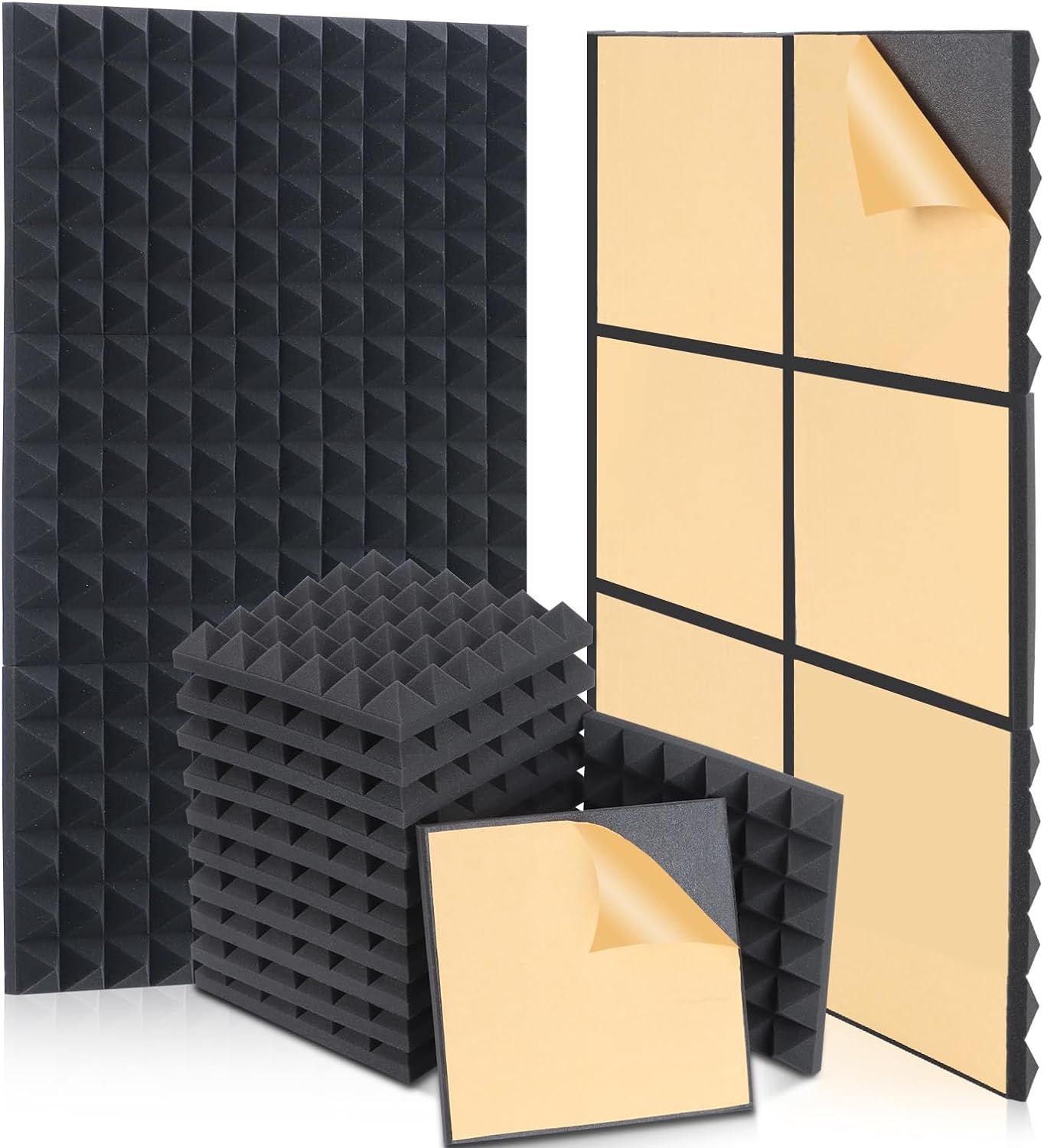 Acoustic Panels Self-Adhesive 24 Pack 12 X 12 X 2 Sound Proof Foam Panels for Walls High Density Soundproof Wall Panels Pyramid Soundproof Foam for Home Office Studio (Black)