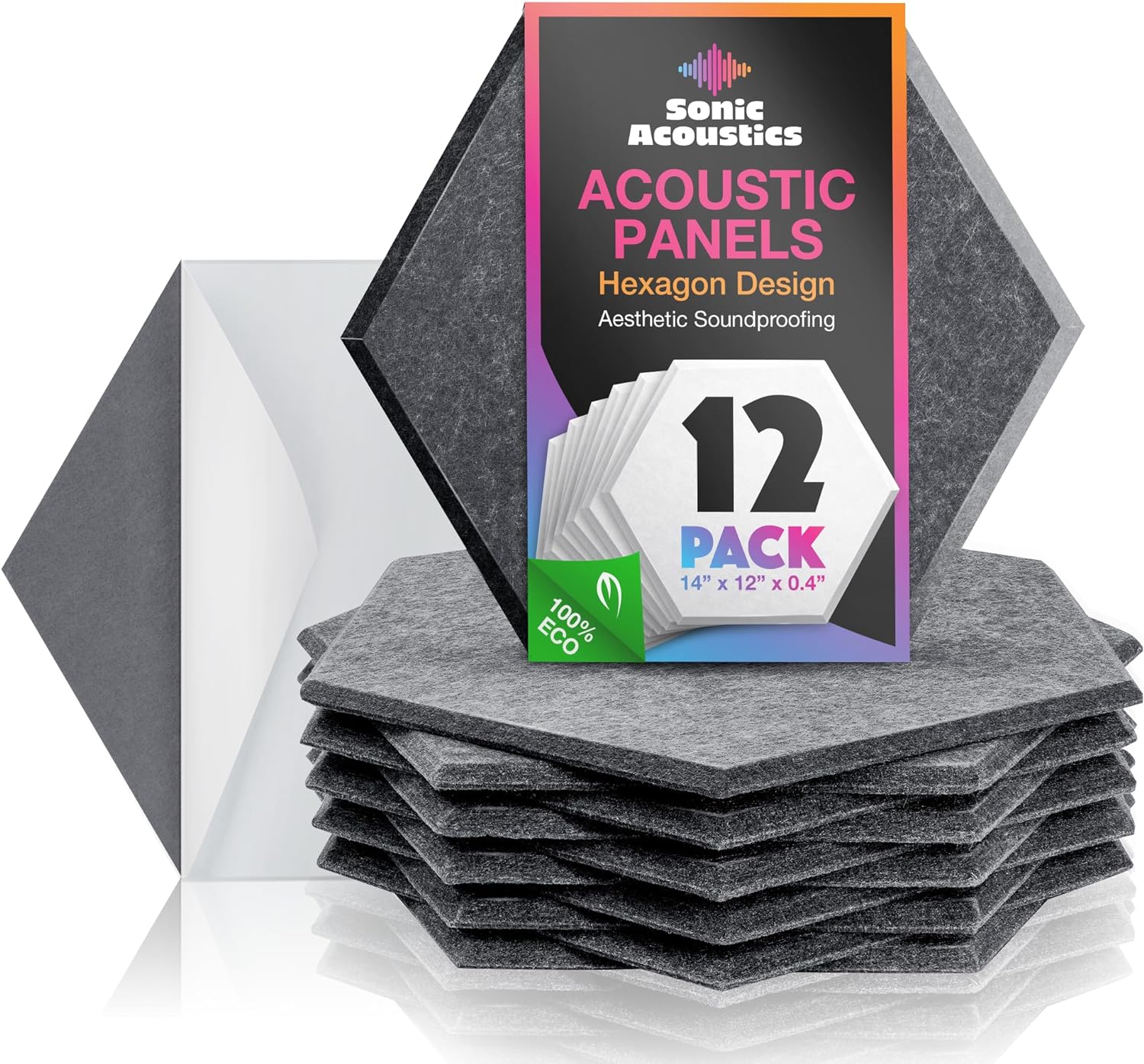 Sonic Acoustics Self-Adhesive 12 Pack Hexagon Acoustic Panels, 14 X 12 X 0.4 High Density Sound Absorbing Panels Sound Proof Insulation Beveled Edge Studio Treatment Tiles (Dark Grey)