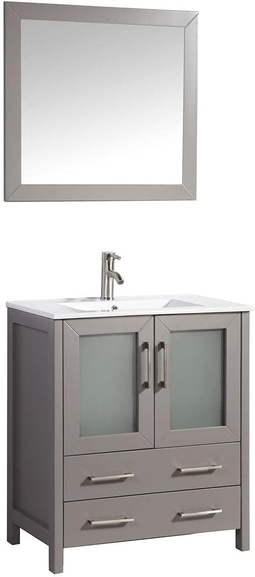 Vanity Art 30 Inch Under Mount Single Sink Bathroom Vanity Cabinet with 1 Mirror, Ceramic Top Bathroom Cabinet Compact Set with 2 Dovetail Storage Drawers and Brushed Nickel Handles, VA3030-G