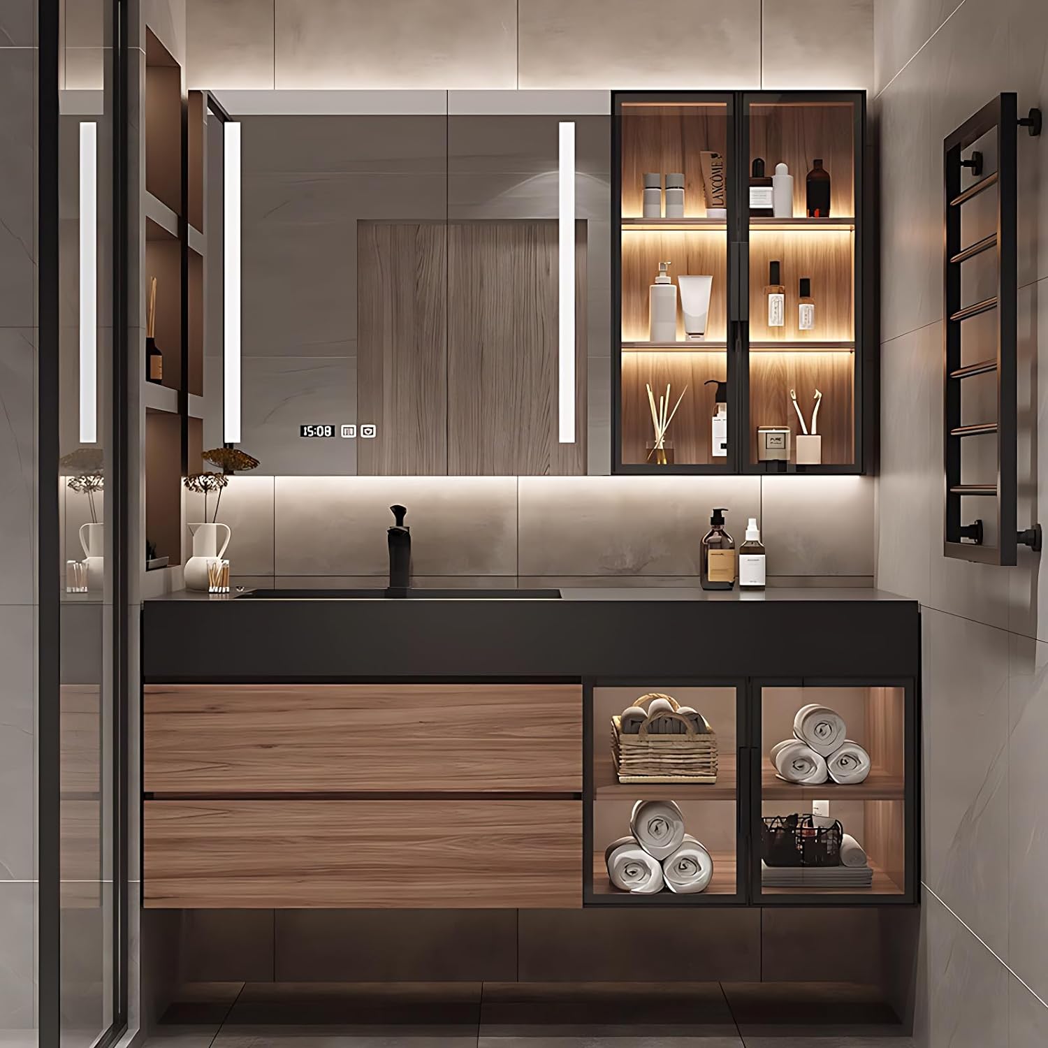 Bathroom Vanity with Sink - Floating Solid Wood Bathroom Cabinet and Marble Slate Sink, LED Smart Mirror Cabinet and Additional Side Cabinets with Ambient Lighting, Large Drawers (48IN)