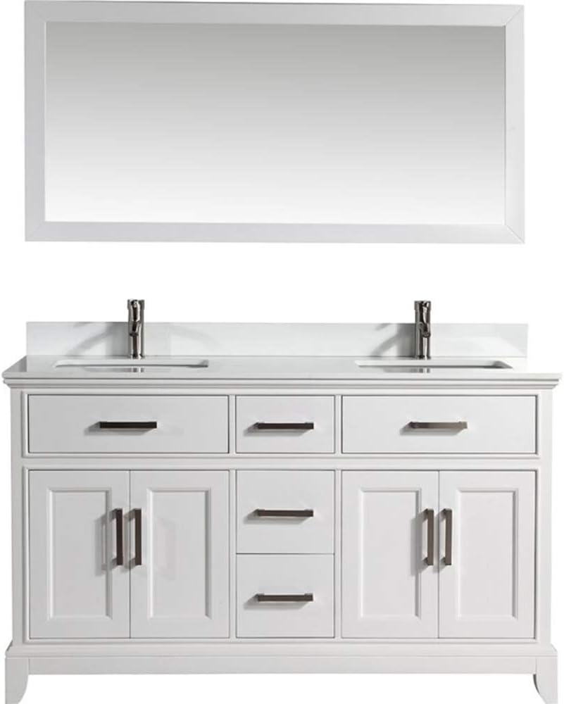 Vanity Art 60 Inch Double Sink Bathroom Vanity with Mirror | Carrara Marble Stone top Storage Bathroom Organizer Cabinet with Dovetailed Drawer, Soft Closing Door, Brushed Nickel Handles, VA1060-DW