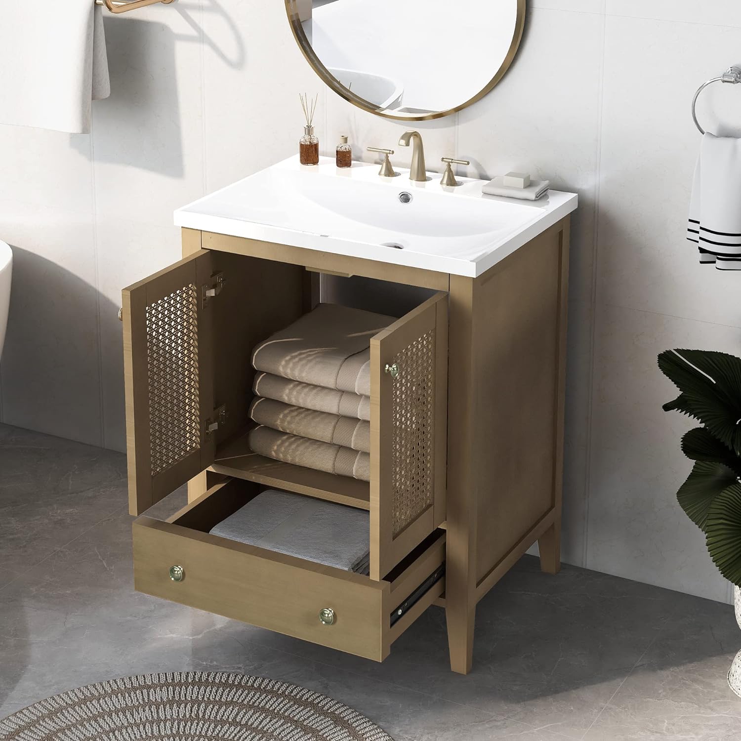 Harper & Bright Designs 24 Bathroom Vanity with Sink, Free Standing Single Basin Vanity Set with Two Doors Cabinet and One Drawer, Modern Rattan Bathroom Cabinet Set for Bathroom, Natural