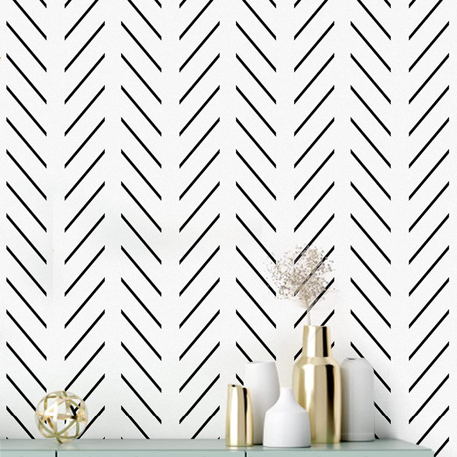 Erfoni Black and White Peel and Stick Wallpaper Modern Herringbone Contact Paper Bathroom 17.7inch x 78.7inch Geometric Removable Wall Paper Peel and Stick Self Adhesive Contact Paper