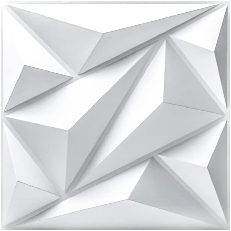 Art3dwallpanels PVC 3D Wall Panel Diamond for Interior Wall Dcor in White, 19.7 x 19.7 Wall Decor PVC Panel, 3D Textured Wall Panels, Pack of 12 Tiles