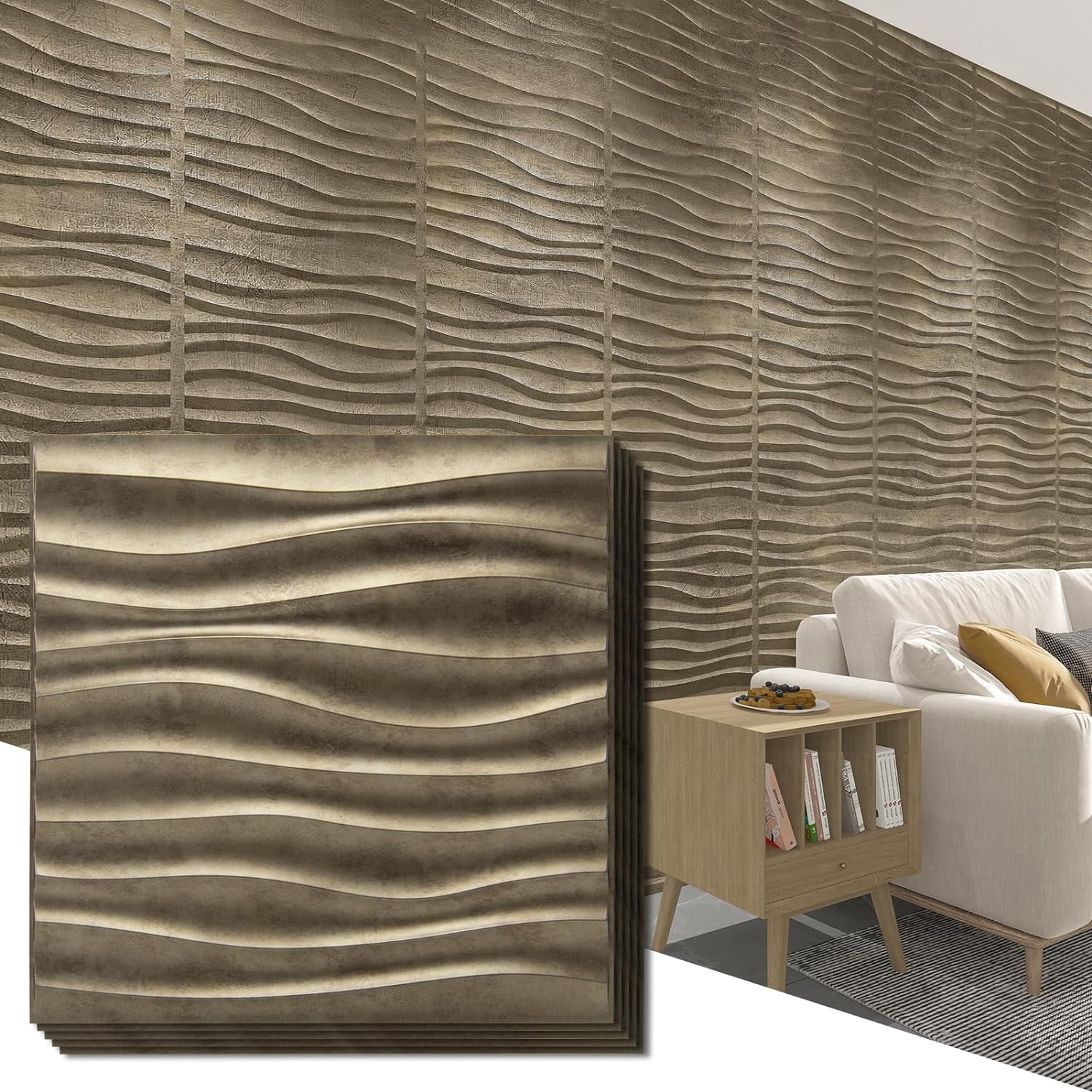 Art3d PVC Wave Panels for Interior Wall Decor, Antique Gold Textured 3D Wall Tiles, 19.7 x 19.7 (12-Pack)