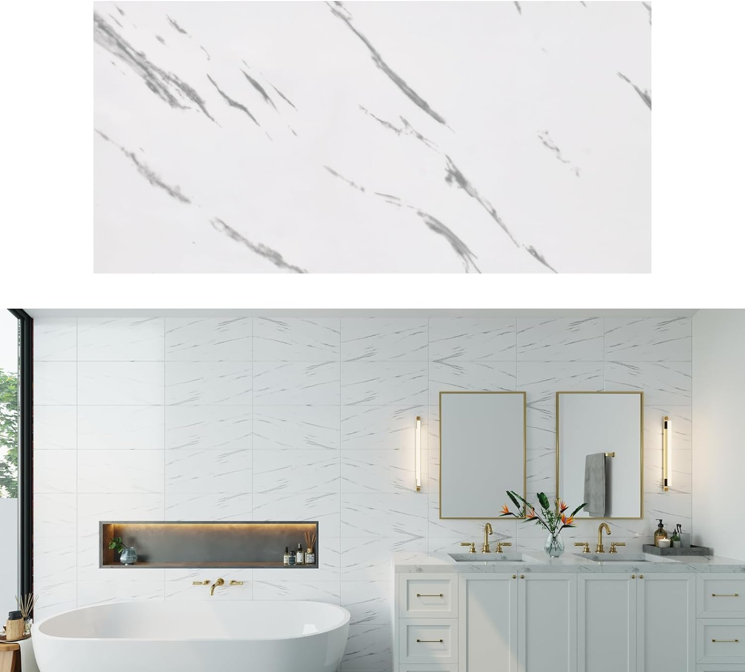 3D Marble Peel and Stick Wall Panels 10pcs 24x12in(Covers 19.4sqft) Ideal for: Kitchen Backsplash, Showers, Bathrooms, Living Rooms and Flooring (24x12 10Pc, White Himalaya)