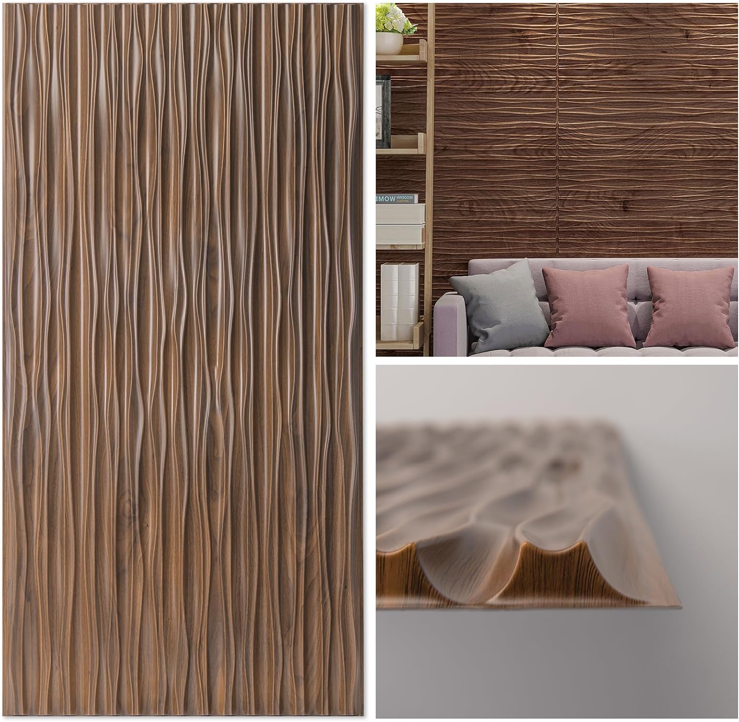 Art3d Walnut Large PVC 3D Wall Panels for Interior Wall Dcor, Drop Ceiling Tile 2x4, 3D Textured Wavy Wall Panels Decorative, Pack of 6 Tiles(47.223.6)