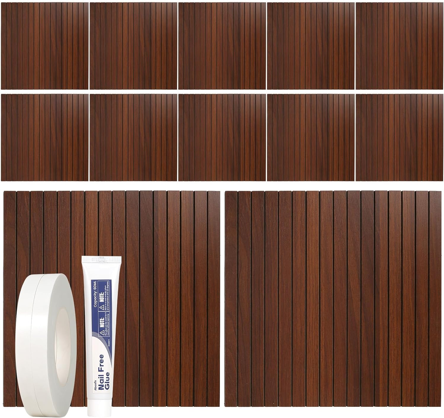 Aboofx 12PCS 3D Wood Wall Panels, 11.8 x 11.8 Cuttable Water-Resistance Wood Slat Wall Panel, Bendable Wood Wall Panels for Interior Wall Decor Peel and Stick Wallpaper (Walnut)