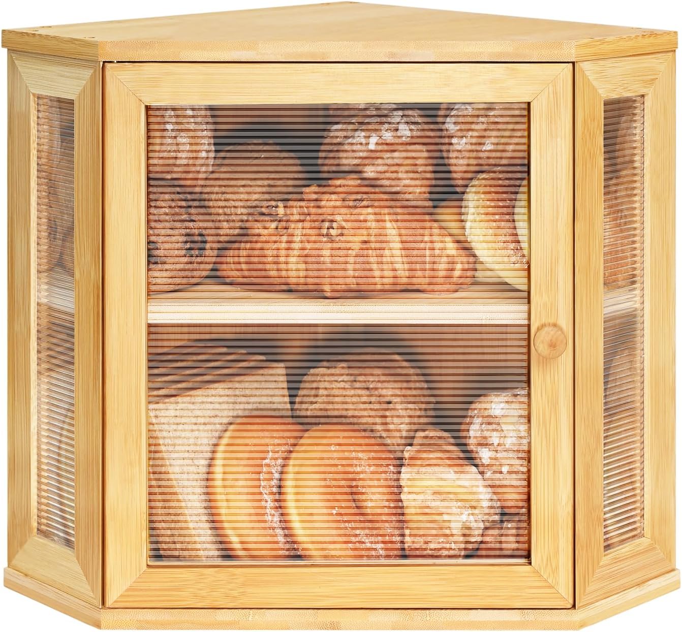 Ollieroo Bread Box,Bamboo Bread Container,Double Layer Bread Buddy,Large Capacity Storage Bins,Kitchen Countertop Bread Box,Bread Saver with Acrylic Wavy Door Panel