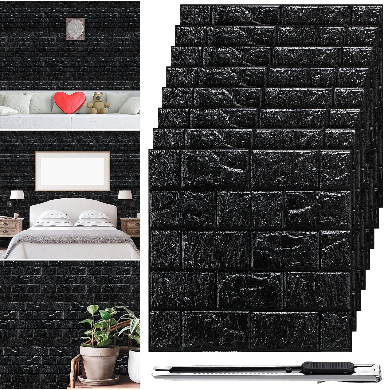 30 Pcs 28.81 Sq ft 3D Wall Panels Peel and Stick Foam Brick Wallpaper Printable Faux Brick Wall Panels Decorative Self Adhesive Wall Tiles Waterproof Wall Covering Panels for Wall Decor (Black)