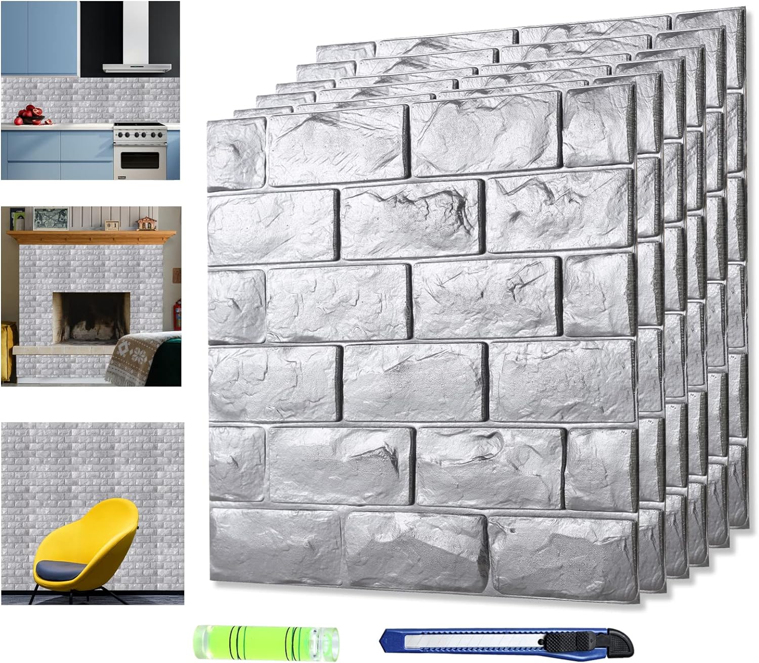 30 Pcs 3d Wall Panels Stick and Peel, Silver Brick Printable Faux Paneling Self Adhesive Waterproof 3d Wallpaper Stick and Peel for Bedroom, Bathroom, Kitchen, Fireplace (29.05 sq feet Coverage)