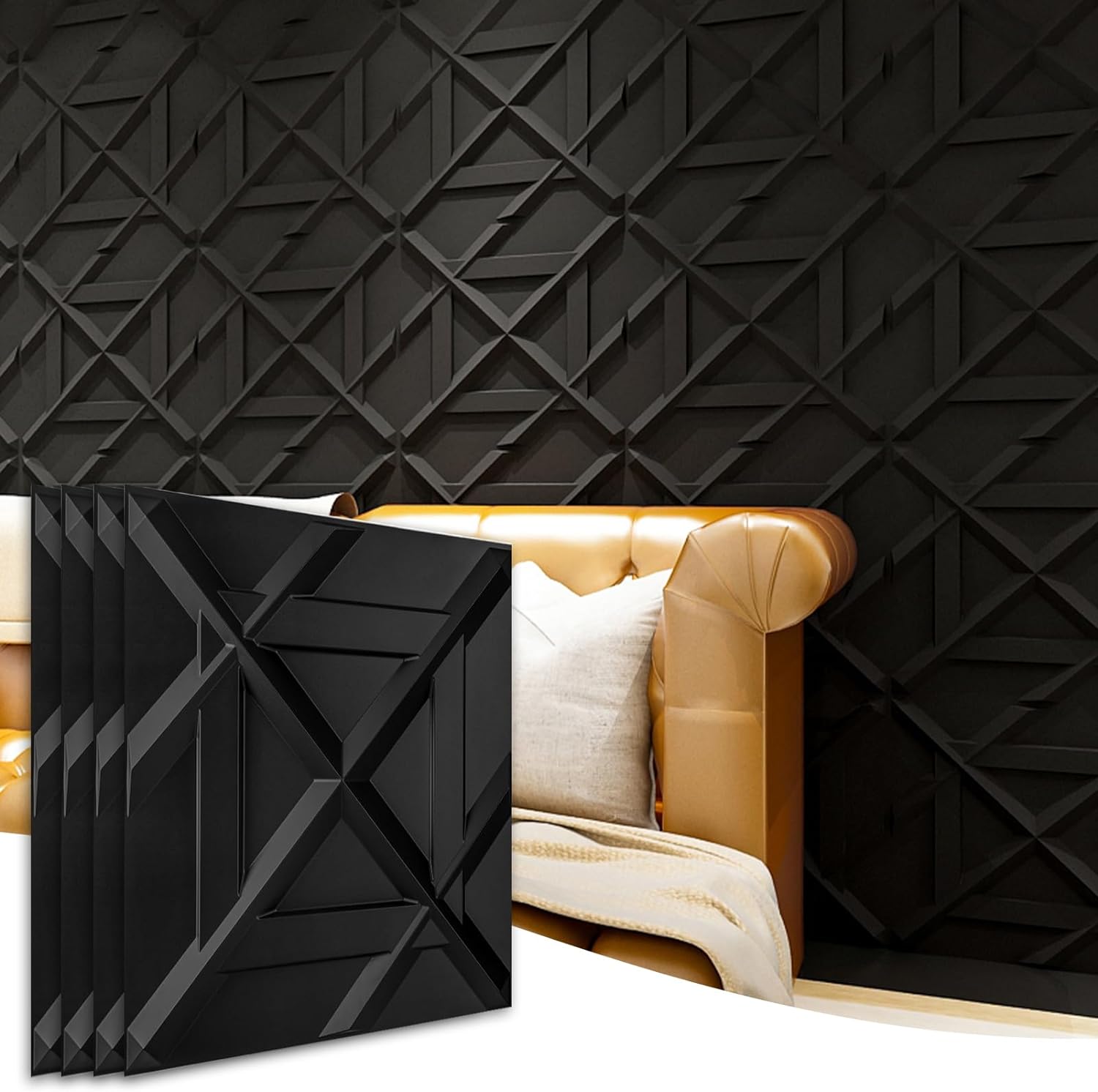 Art3d PVC 3D Wall Panel, Decorative Wall Tile in Black 12-Pack 19.7x19.7