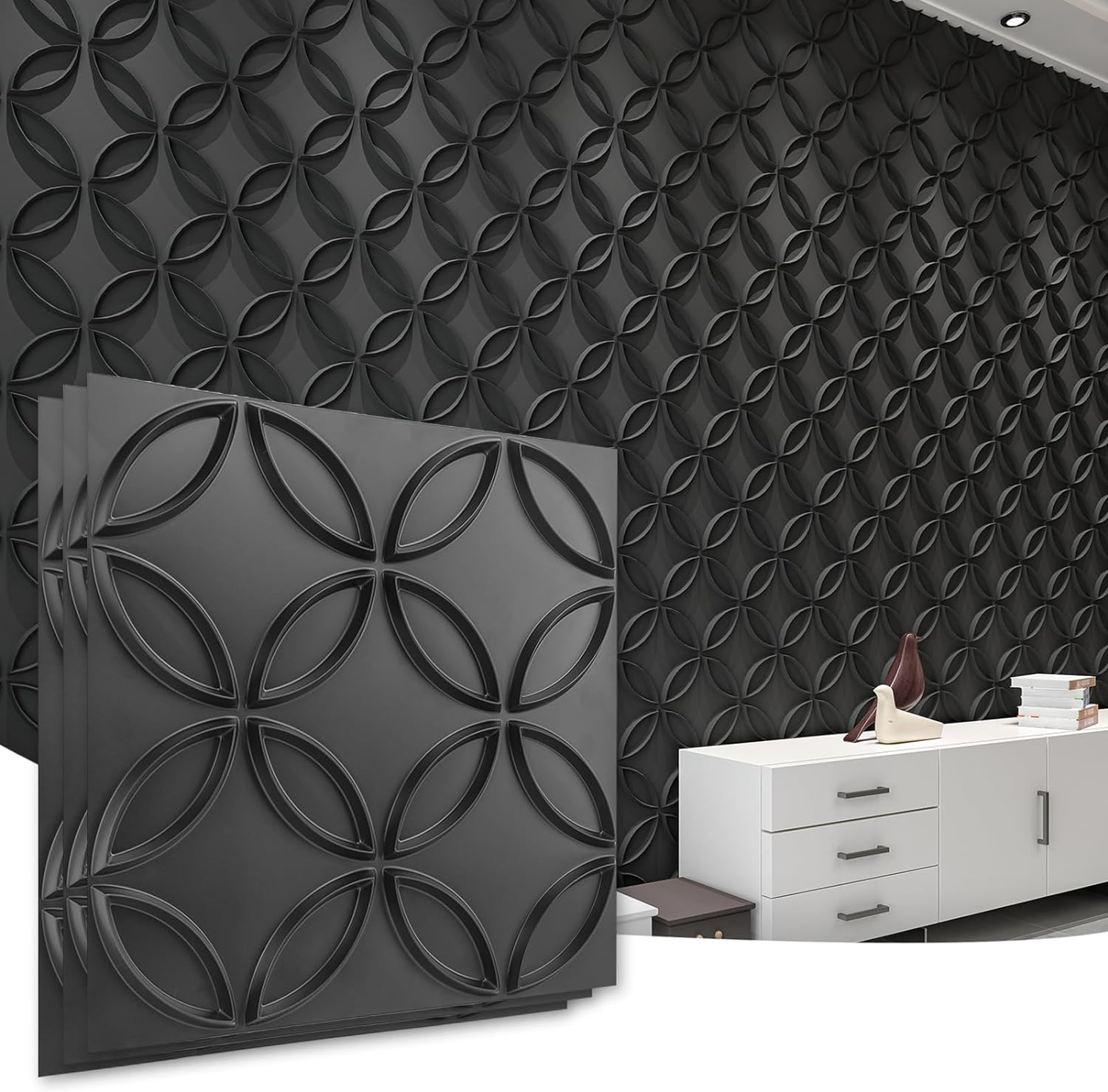 Art3d PVC 3D Wall Panel Interlocked Circles in Matt Black Cover 32 Sq.ft, for Interior Ceiling and Wall Decor for Residential or Commerical