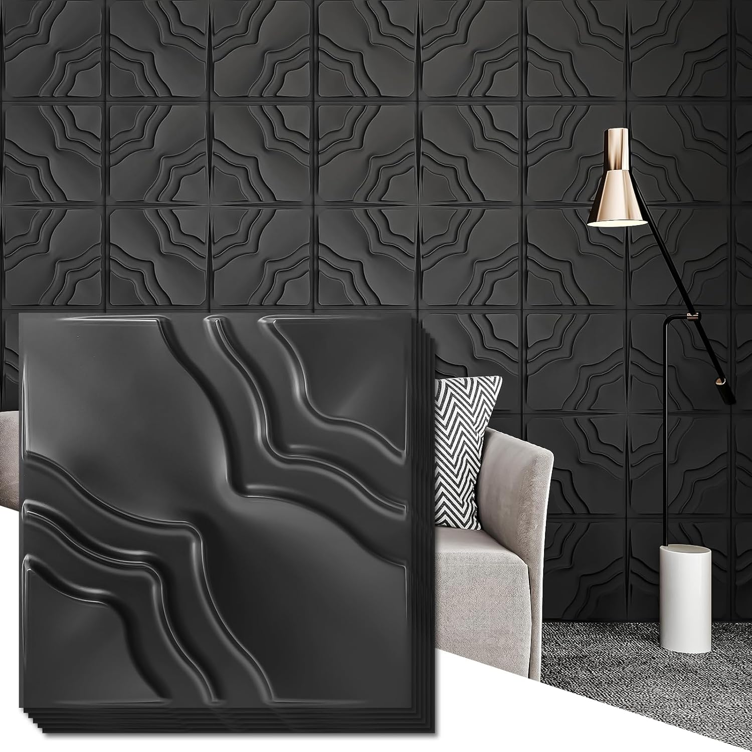 Art3dwallpanels 33 Pack 3D Wall Panel, 2 Different Effects PVC Textured Wall Panels for Interior Wall Dcor, 12 x12 Inch Cover 32.Sq.Ft, Black