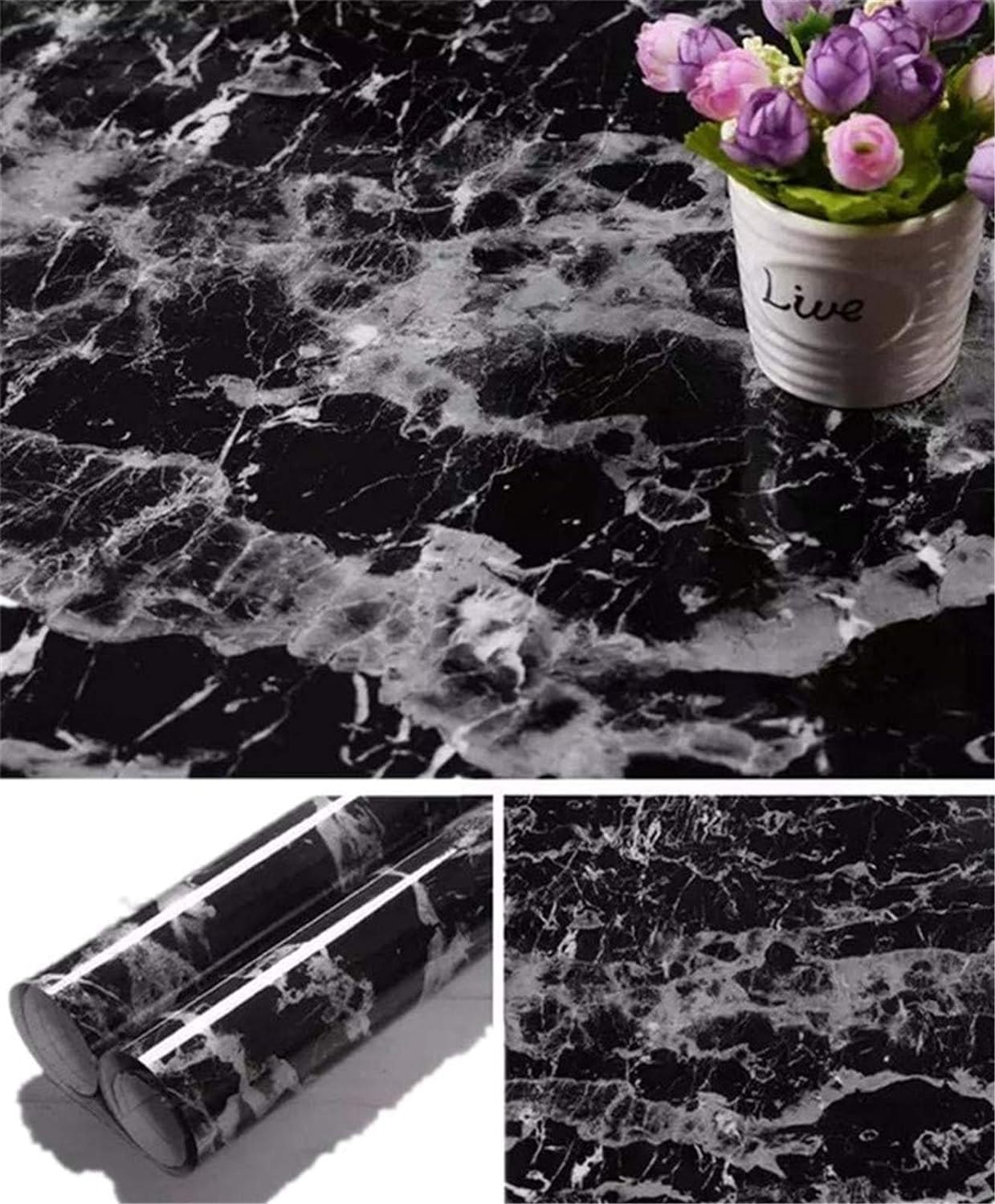 Yancorp Black Marble Contact Paper Black Peel and Stick Wallpaper Self Adhesive Countertop Removable Vinyl Wrap Bachsplash Shelf Liner (11.8 x 78.7)