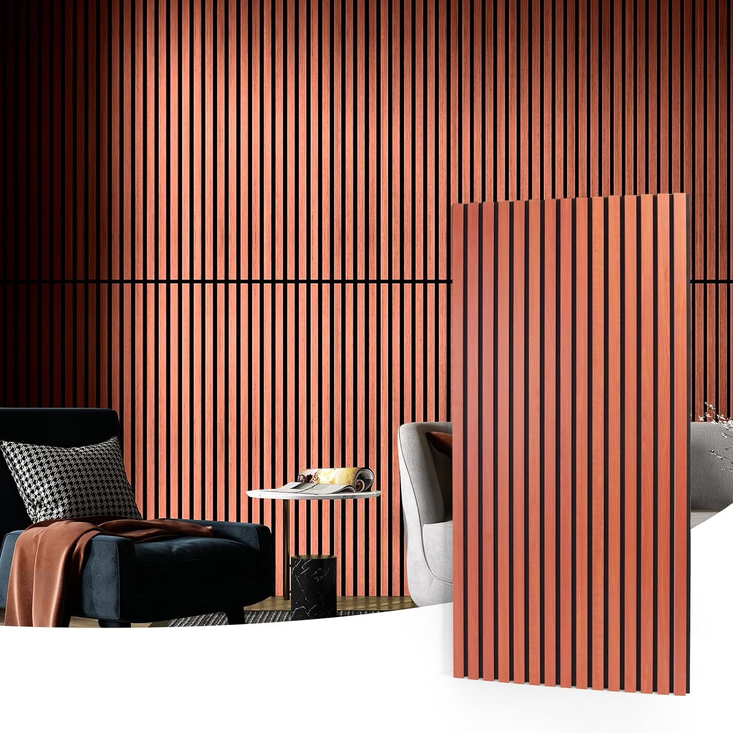 Art3d 2 Wood Slat Acoustic Panels for Wall and Ceiling - 3D Fluted Sound Absorbing Panel with Wood Finish - Cherry