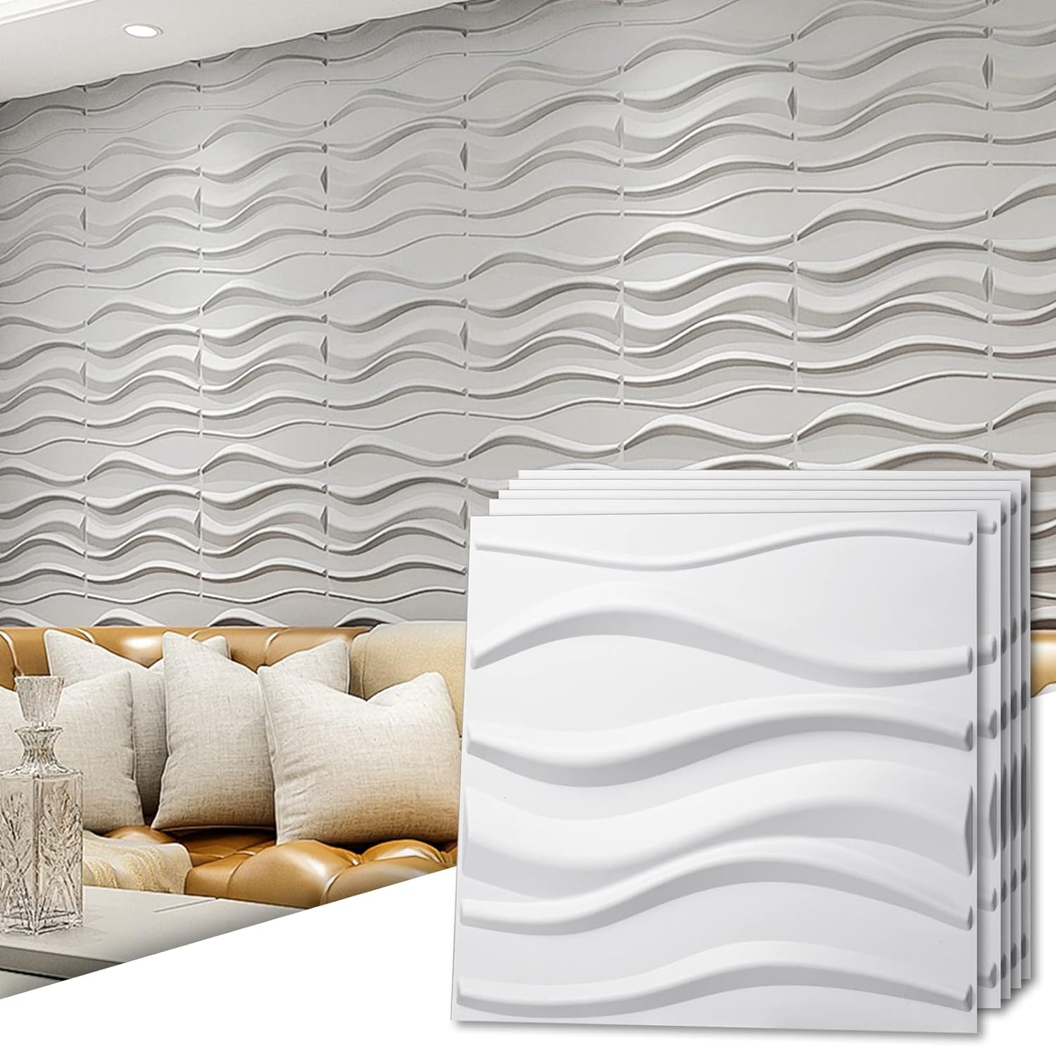 Art3d PVC 3D Panel for Interior Wall Decor, Wavy Textured Tile, 12-Pack 19.7 x 19.7in. White