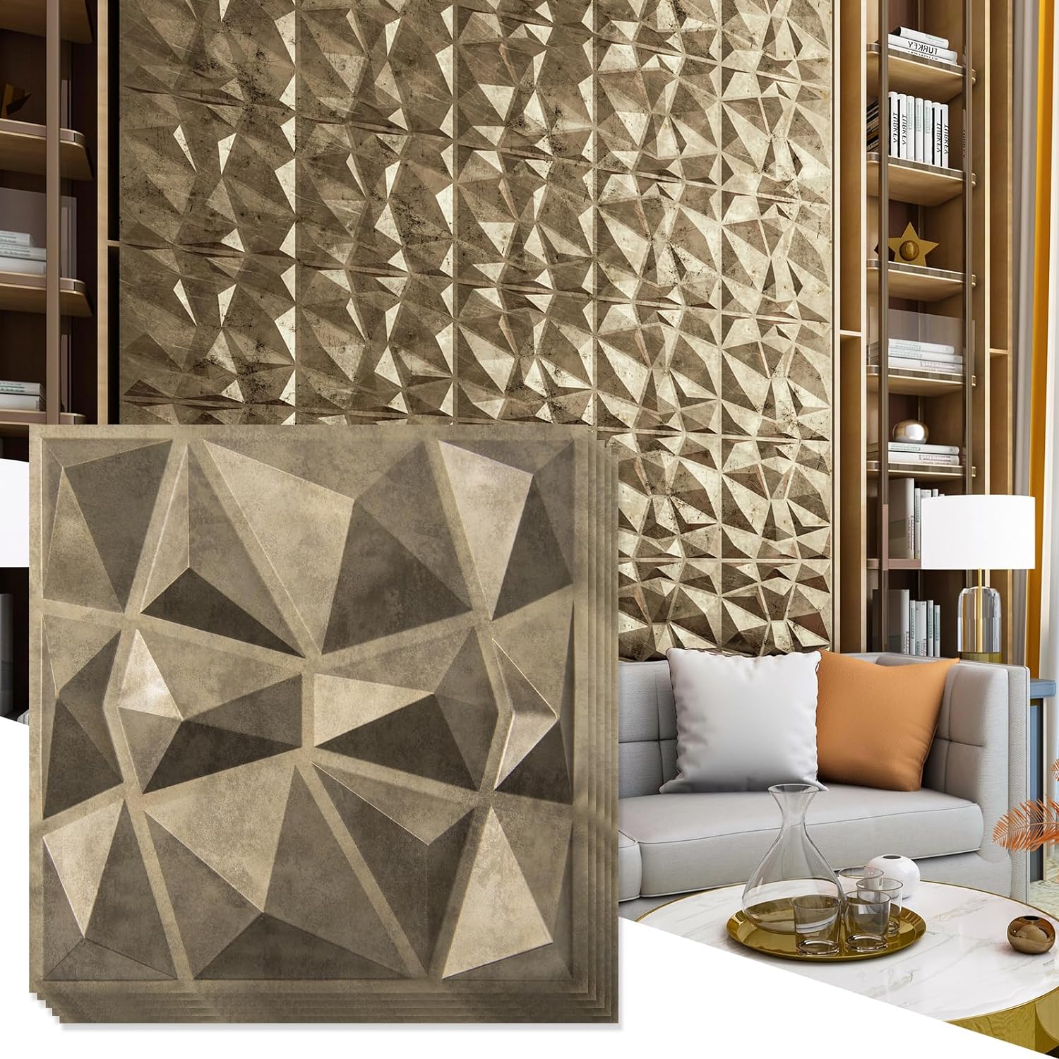 Art3d Textures 3D Wall Panels Antique Gold Diamond Design for Interior Wall Decor Pack of 12 Tiles 32 Sq Ft (PVC)