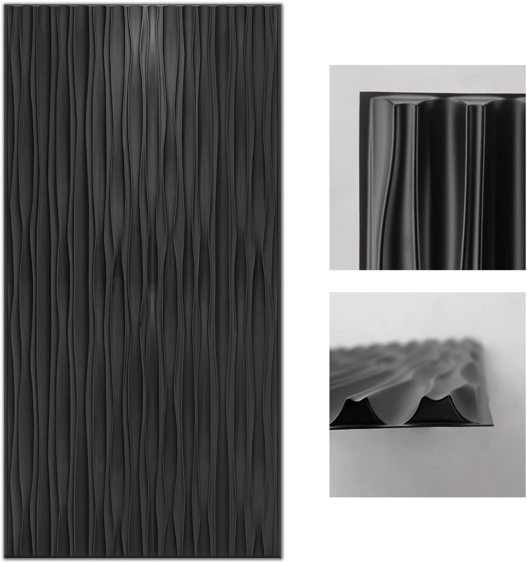 Art3d Black Large PVC 3D Wall Panels for Interior Wall Dcor, Drop Ceiling Tile 2x4, 3D Textured Wavy Wall Panels Decorative, Pack of 6 Tiles(47.223.6)