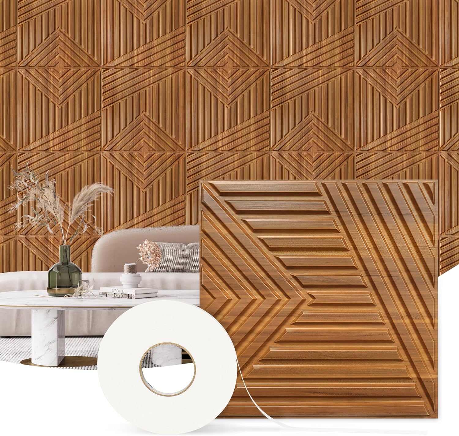 STICKGOO 3D Wall Panels Peel and Stick, Wood Panels for Wall, Natural Walnut PVC Wall Panels for Interior Wall Decor, 3D Decorative Panels with Double Sided Tape Attached (12-Tiles)