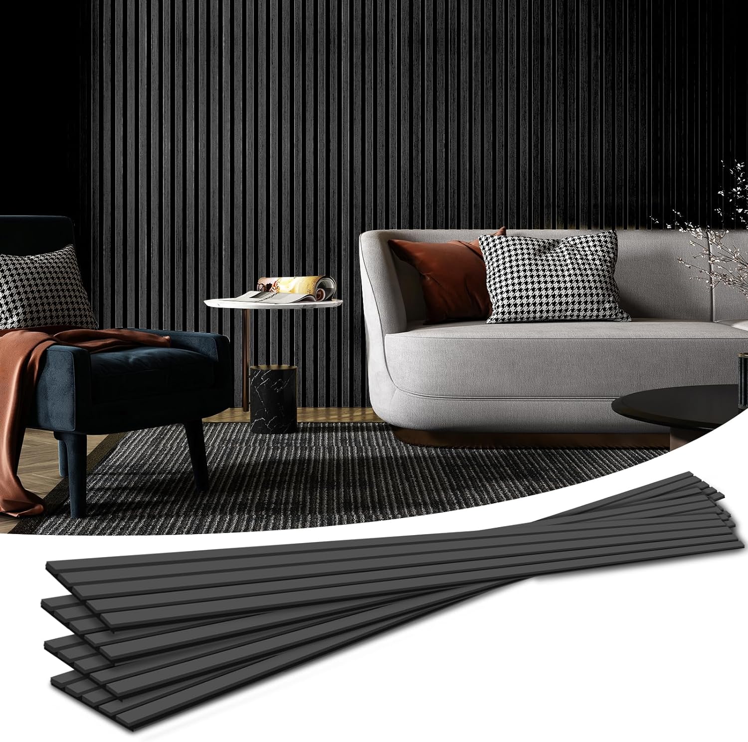 Art3d 4-Piece Wood Slat Acoustic Panels for Stylish Decor and Noise Reduction, 3D Textured Panel for Ceiling and Wall, Matte Black